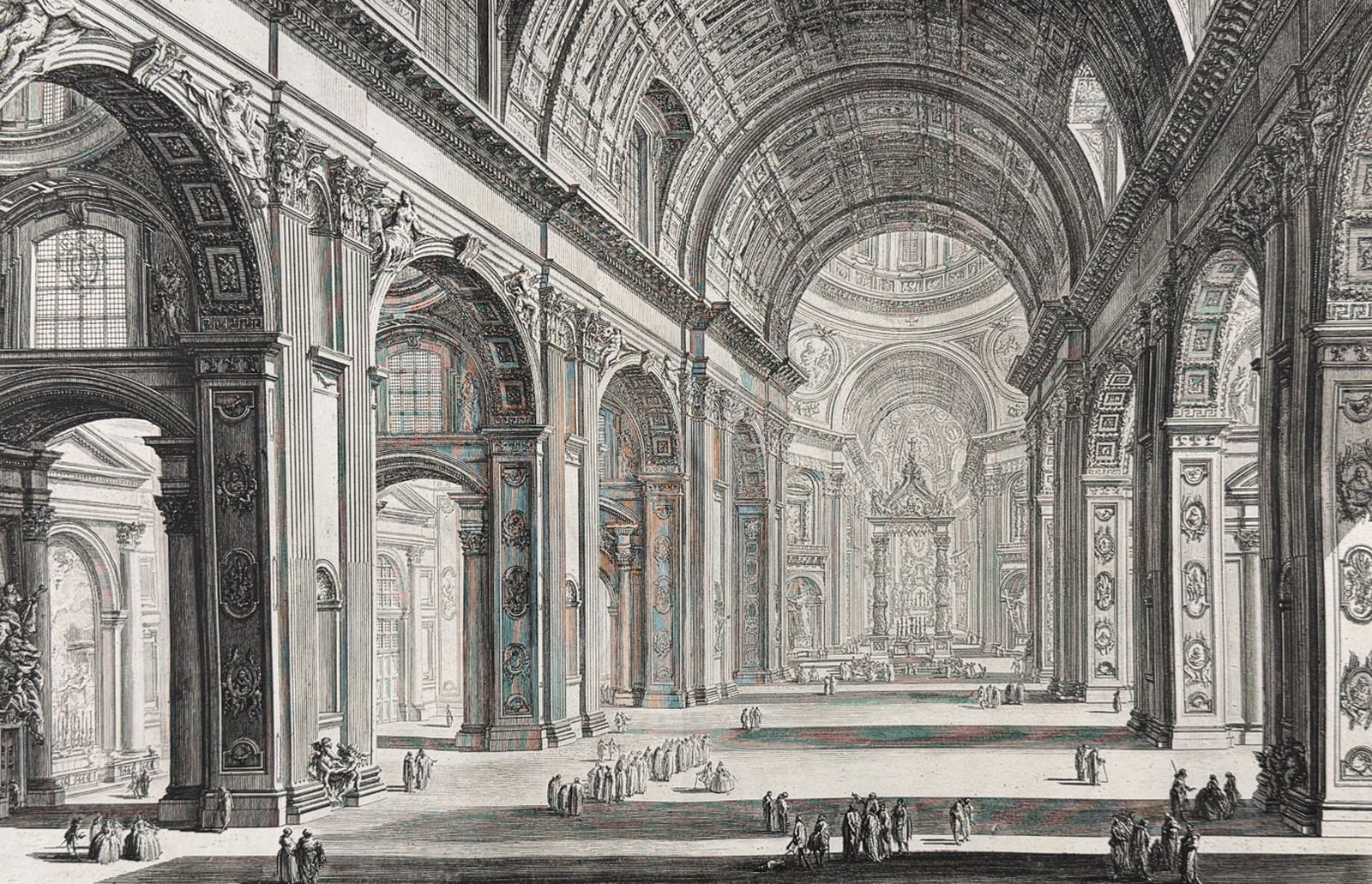 Piranesi, Folio - Interior View of St. Peter's Basilica in the Vatican [Veduta interna della: This extraordinary large folio etching is from Giovanni Battista Piranesi's Vedute di Roma. This from a mixed edition of the work published in Rome & Paris likely published c1778 to early 1800s. The e
