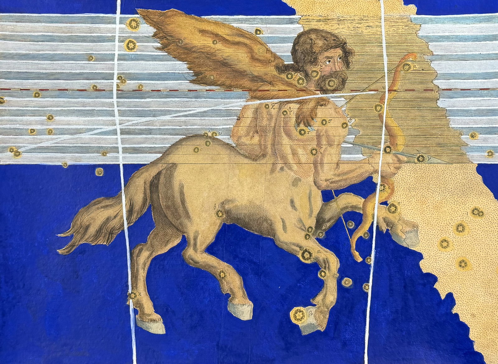 Bayer - Constellation or Star Chart of Sagittarius (Centaur holding a Bow and Arrow): Perhaps the most influential book in celestial maps, Johann Bayer's Uranometria set long-lasting standards in the world of astronomy. Most importantly, this was not just a book of pictures of the skie
