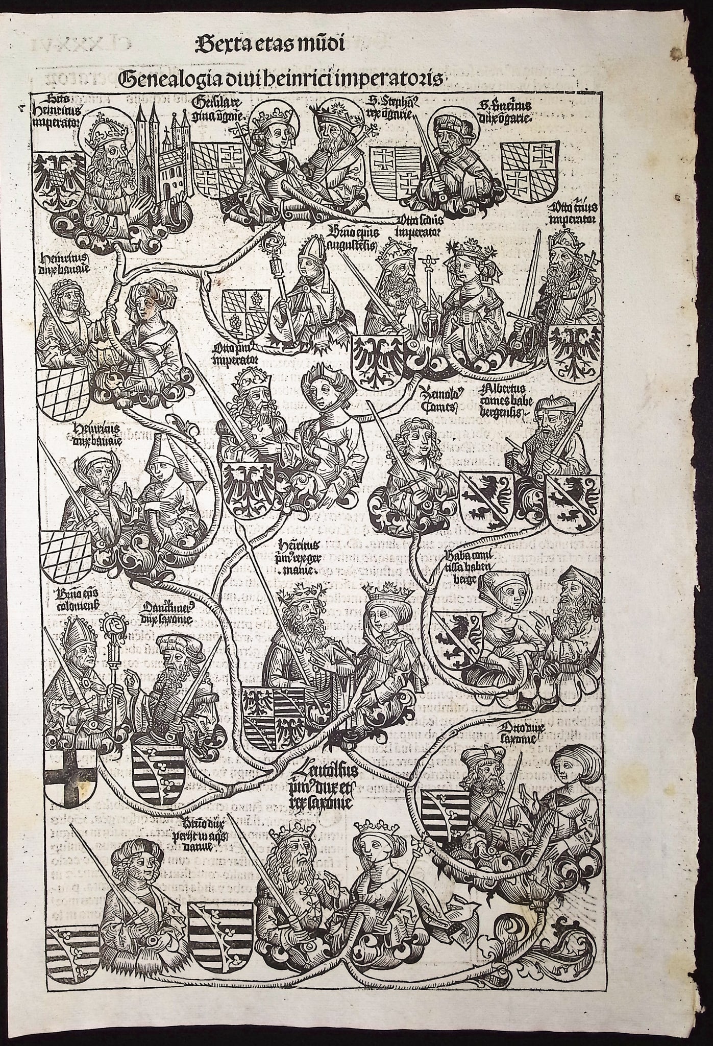Schedel, pub. 1493 - Henry the Holy Roman Emperor, His Lineage, Star & Moon: This important and historic engraving is from Hartmann Schedel Liber Chronicarum, more commonly known as the Nuremberg Chronicle. This is the first edition / printing of the work. It is the Latin edit