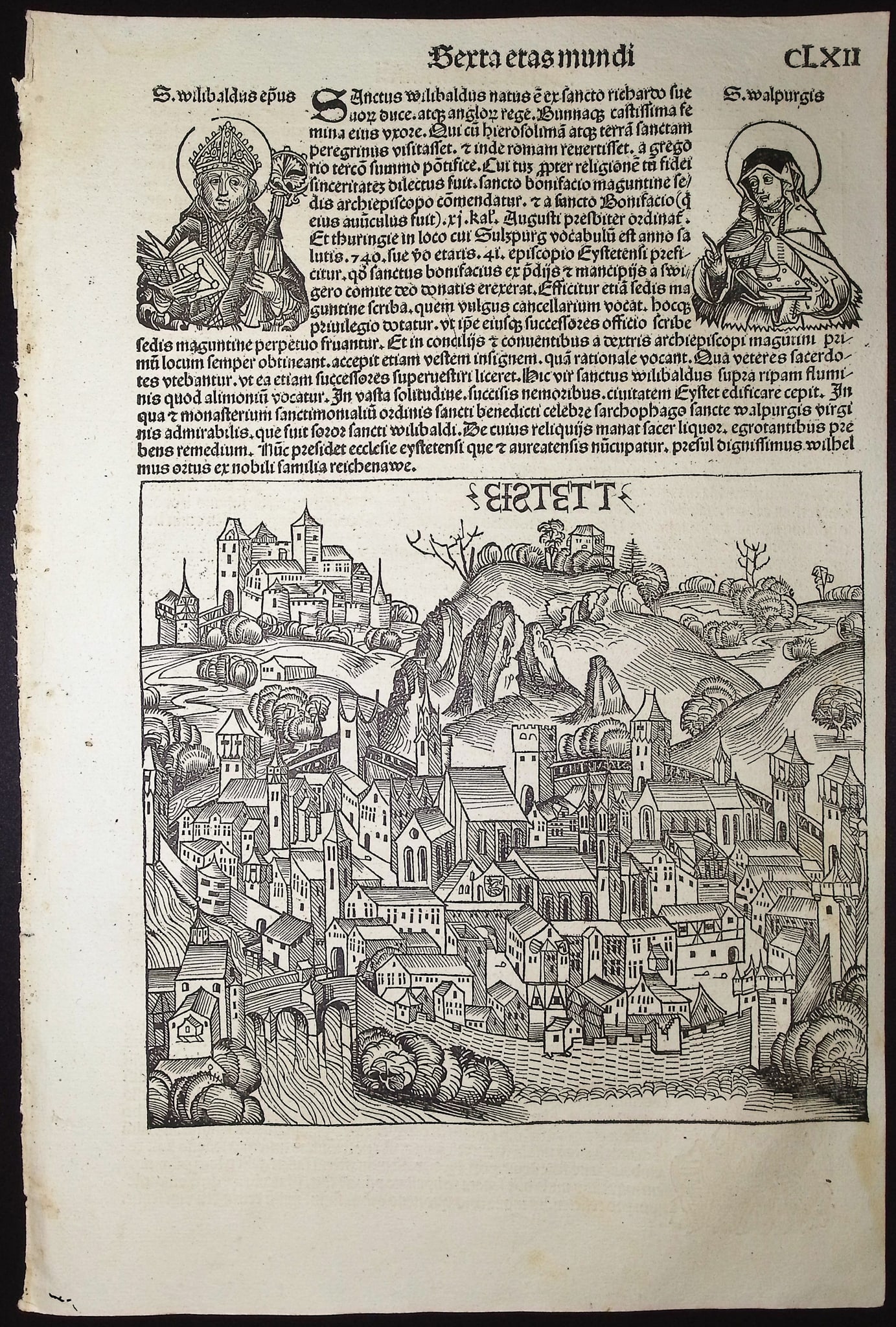 Schedel, pub. 1493 - View of Eichst?tt (Eistett), Bavaria & Religious & Historic People: This important and historic engraving is from Hartmann Schedel Liber Chronicarum, more commonly known as the Nuremberg Chronicle. This is the first edition / printing of the work. It is the Latin edit