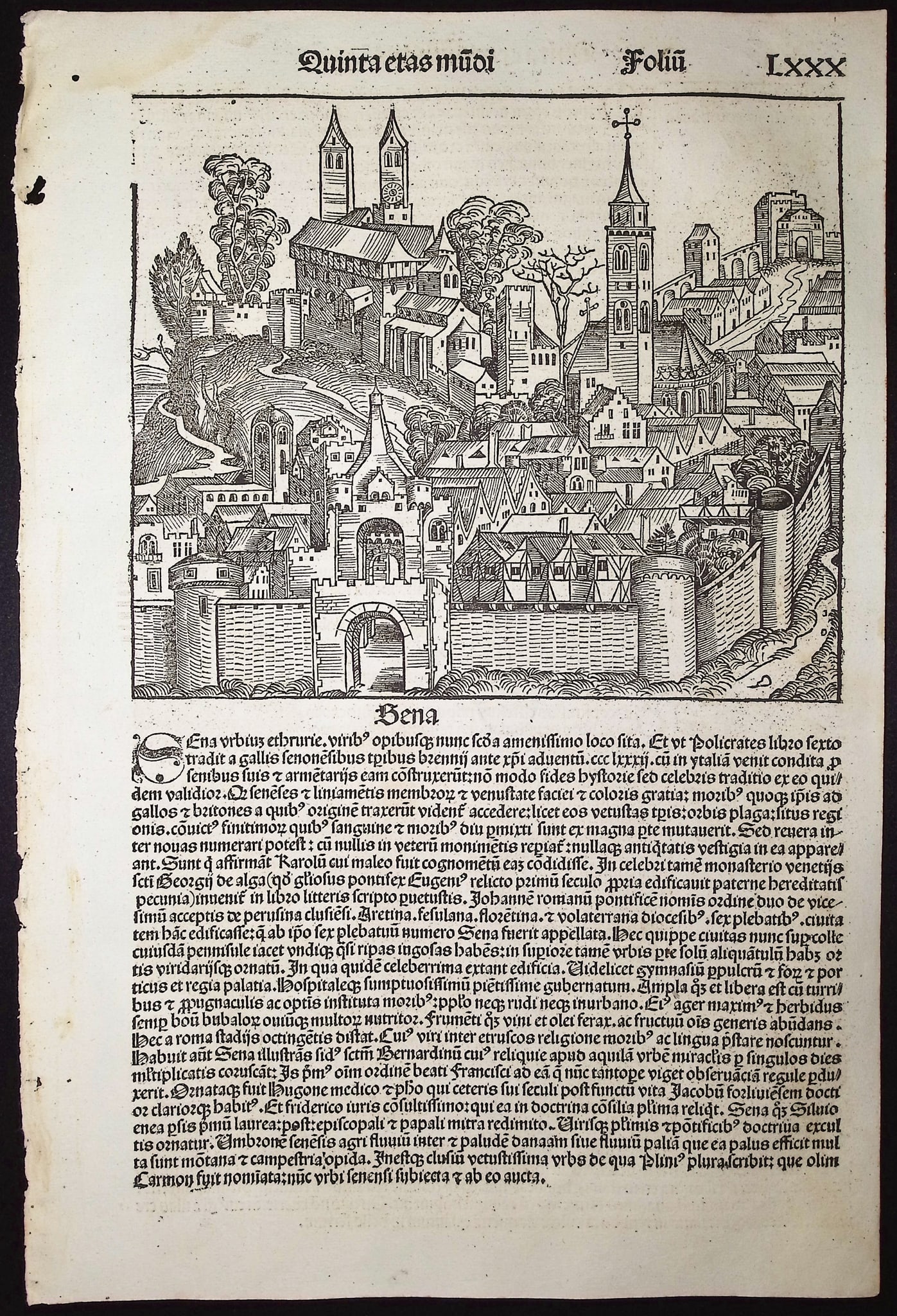 Schedel, pub. 1493 - View of Siena in Tuscany, Italy / Verso: Religious & Historic People: This important and historic engraving is from Hartmann Schedel Liber Chronicarum, more commonly known as the Nuremberg Chronicle. This is the first edition / printing of the work. It is the Latin edit