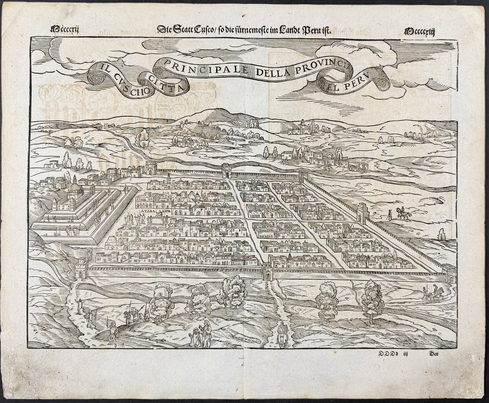 Munster, pub. 1598 - View of Cusco, Peru: This very old woodcut is from Sebastian Munster's Cosmographey: das ist Beschreibung aller L?nder [...] It was published in Basel in 1598 by Henric Petri. The work was a massive chronicle of all the g
