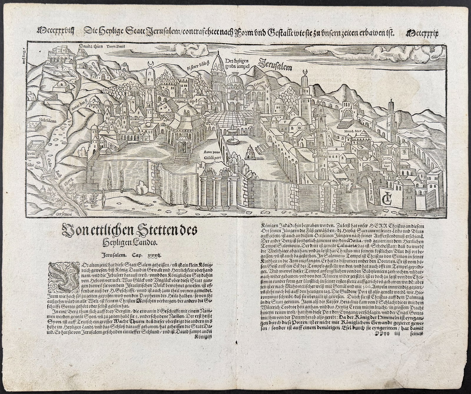 Munster, pub. 1598 - View of Jerusalem, Israel: This very old woodcut is from Sebastian Munster's Cosmographey: das ist Beschreibung aller L?nder [...] It was published in Basel in 1598 by Henric Petri. The work was a massive chronicle of all the g