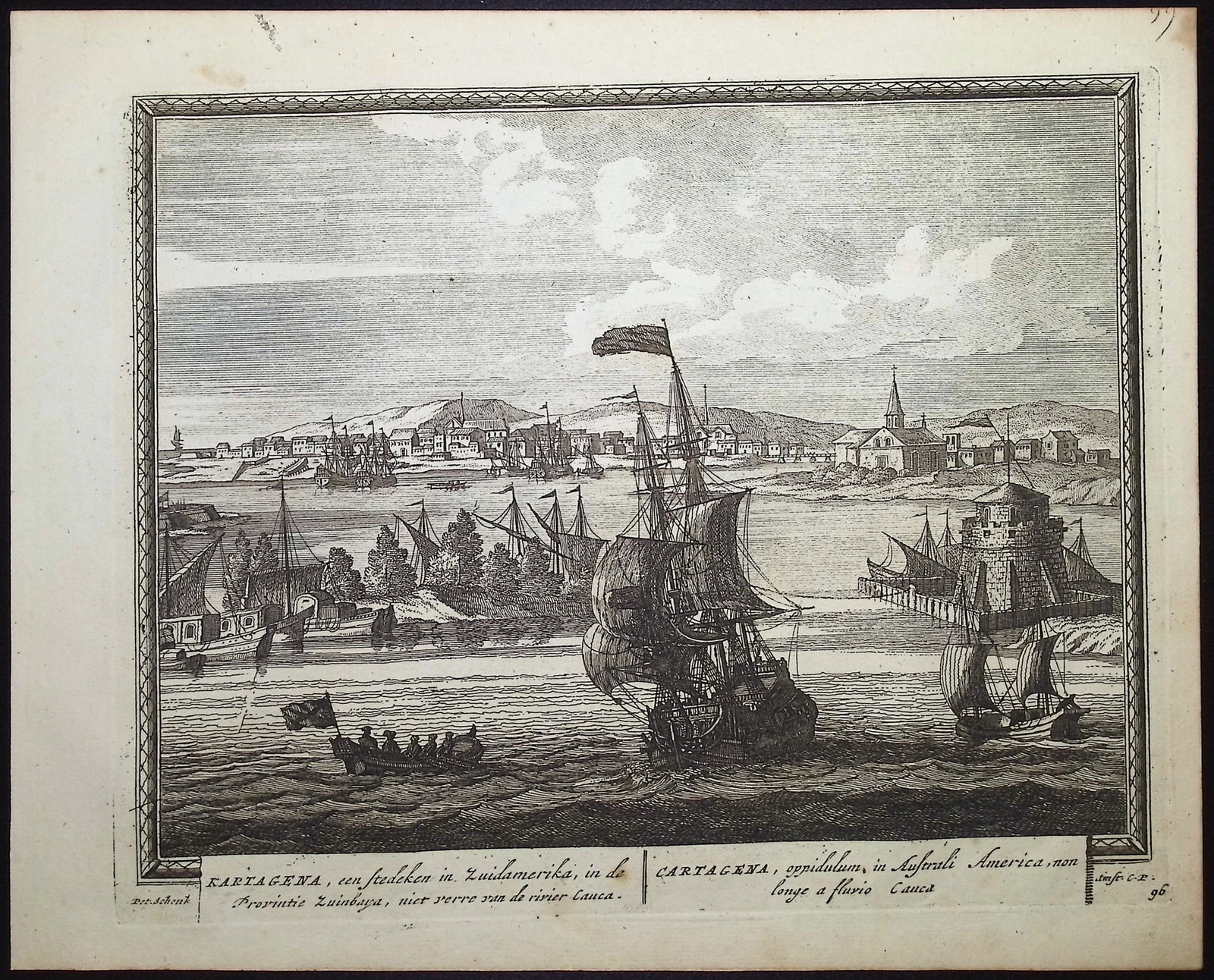 Schenck - View of Cartagena, Colombia (Cartagena). 96: This historic engraved city or port view is from Pieter Schenk's Hecatompolis, sive Totius orbis Terrarum Oppida Nobiliora Centum; Exquisite Collecta atque Eleganter Depicta. The work was published by