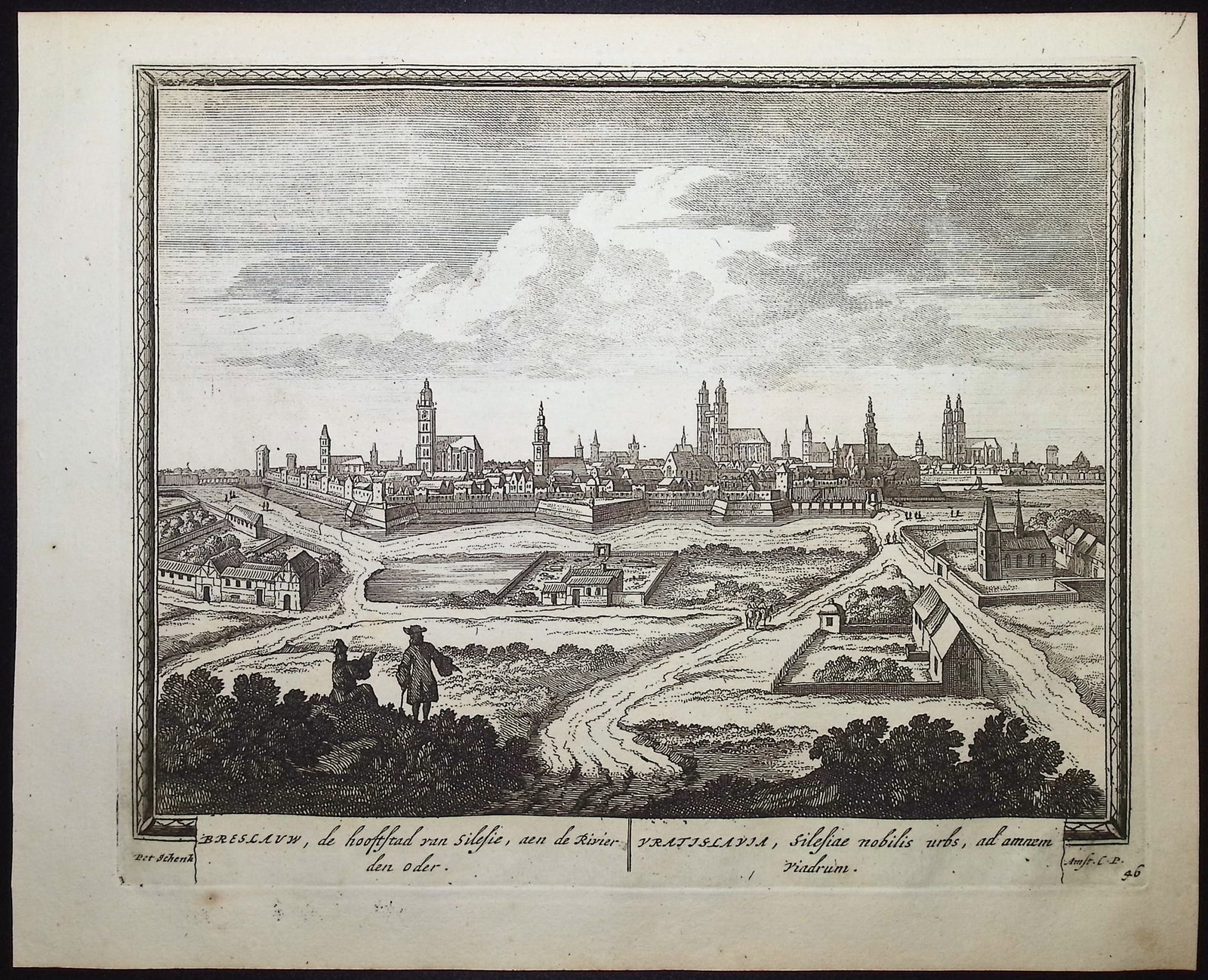 Schenck - View of Wroc?aw, Poland (Breslau). 46: This historic engraved city or port view is from Pieter Schenk's Hecatompolis, sive Totius orbis Terrarum Oppida Nobiliora Centum; Exquisite Collecta atque Eleganter Depicta. The work was published by