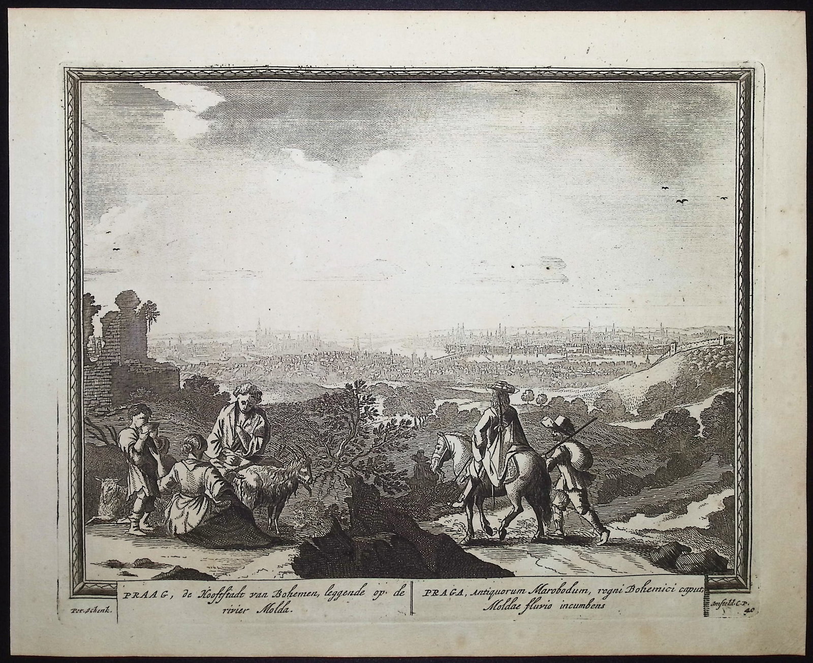 Schenck - View of Prague, Czech Republic (Praag). 40: This historic engraved city or port view is from Pieter Schenk's Hecatompolis, sive Totius orbis Terrarum Oppida Nobiliora Centum; Exquisite Collecta atque Eleganter Depicta. The work was published by