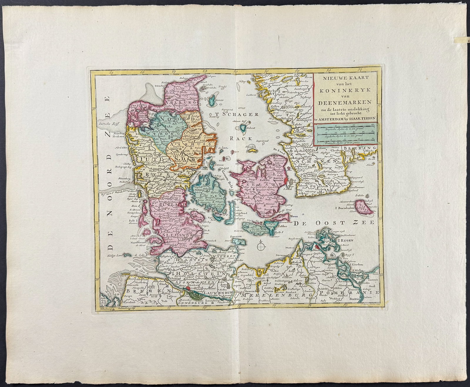 Tirion - Map of Denmark: This originally hand-colored map is from Isaac Tirion's Nieuwe en beknopte Hand-Atlas, bestaande in eene Verzameling van eenige der algemeenste en noodigste Landkaarten. The work was published in Amst