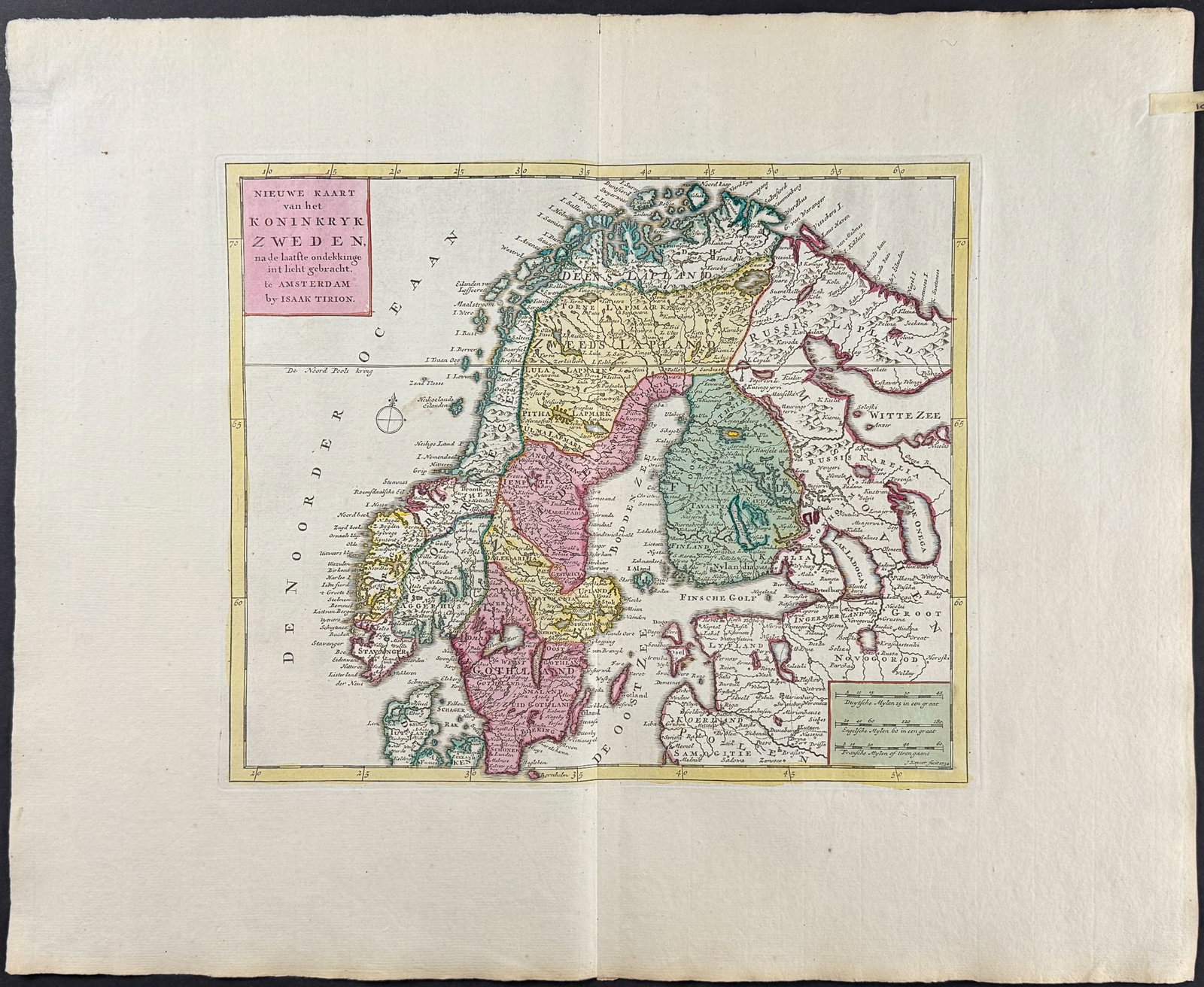 Tirion - Map of Scandinavia (Norway, Sweden, Finland): This originally hand-colored map is from Isaac Tirion's Nieuwe en beknopte Hand-Atlas, bestaande in eene Verzameling van eenige der algemeenste en noodigste Landkaarten. The work was published in Amst