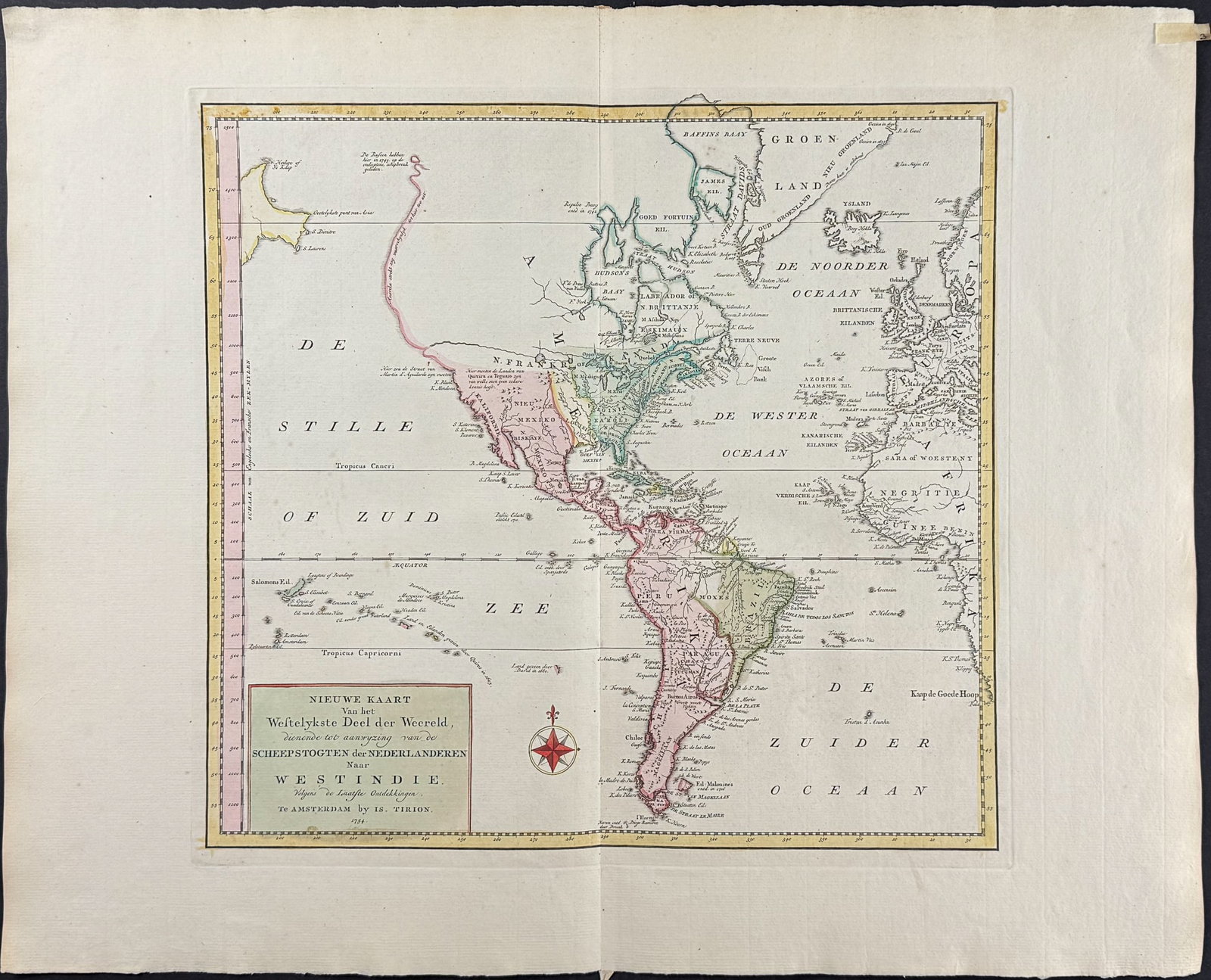 Tirion - Map of the Americas or Western Hemisphere: This originally hand-colored map is from Isaac Tirion's Nieuwe en beknopte Hand-Atlas, bestaande in eene Verzameling van eenige der algemeenste en noodigste Landkaarten. The work was published in Amst