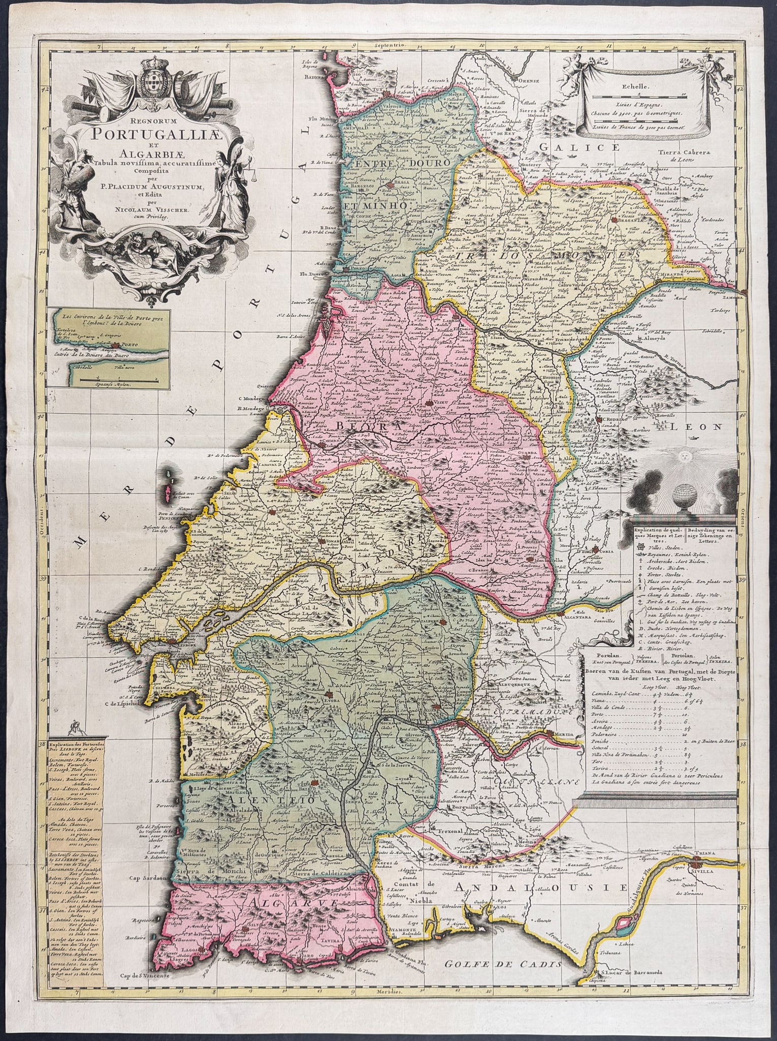 Visscher - Map of Portugal: This exceptional map with beautiful original hand-coloring is from the Visscher family's Atlas minor sive totius orbis terrarum contracta delineat ex conatibus. The map available is from a composite a