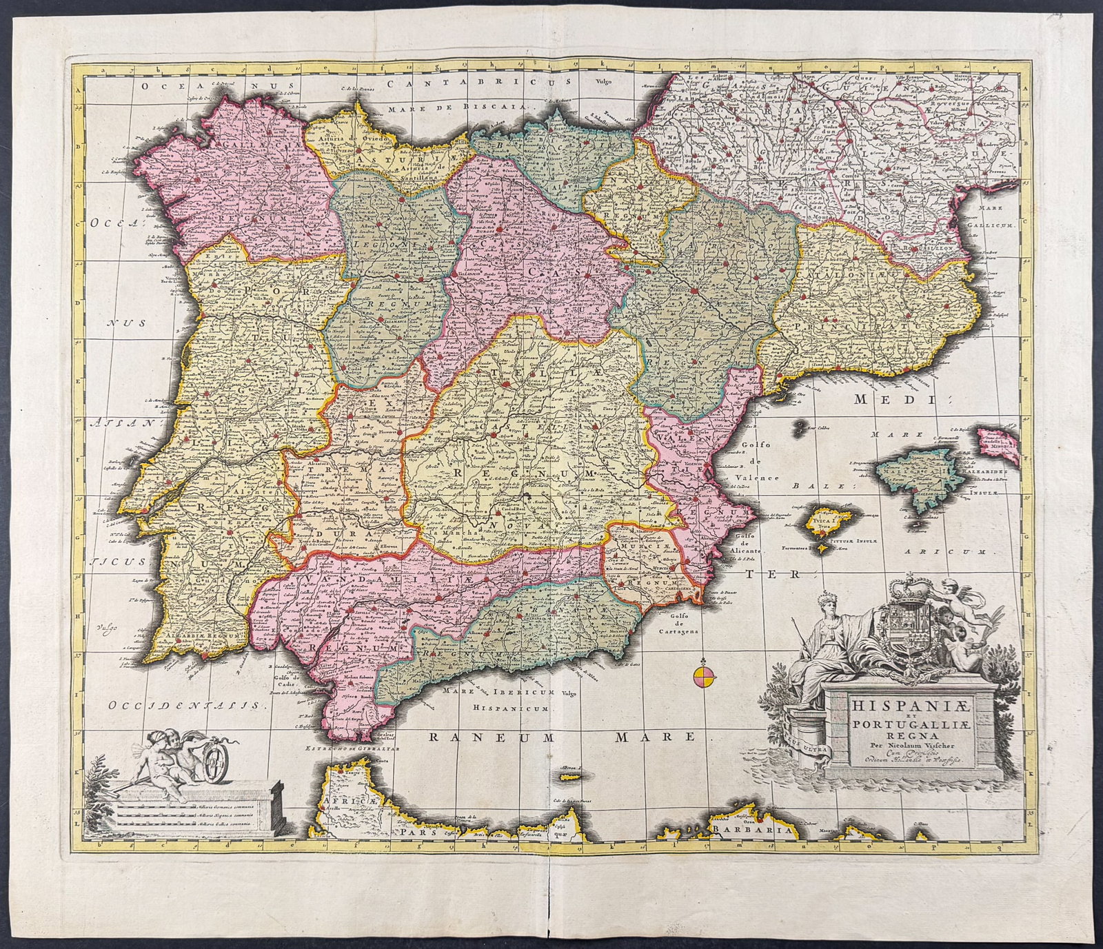 Visscher - Map of Spain: This exceptional map with beautiful original hand-coloring is from the Visscher family's Atlas minor sive totius orbis terrarum contracta delineat ex conatibus. The map available is from a composite a