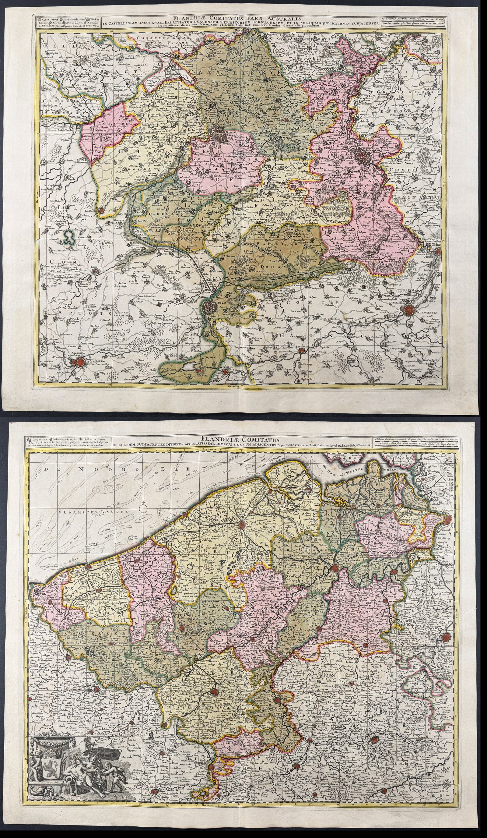 Visscher - Pair of Maps of Flanders, Belgium: This exceptional map with beautiful original hand-coloring is from the Visscher family's Atlas minor sive totius orbis terrarum contracta delineat ex conatibus. The map available is from a composite a