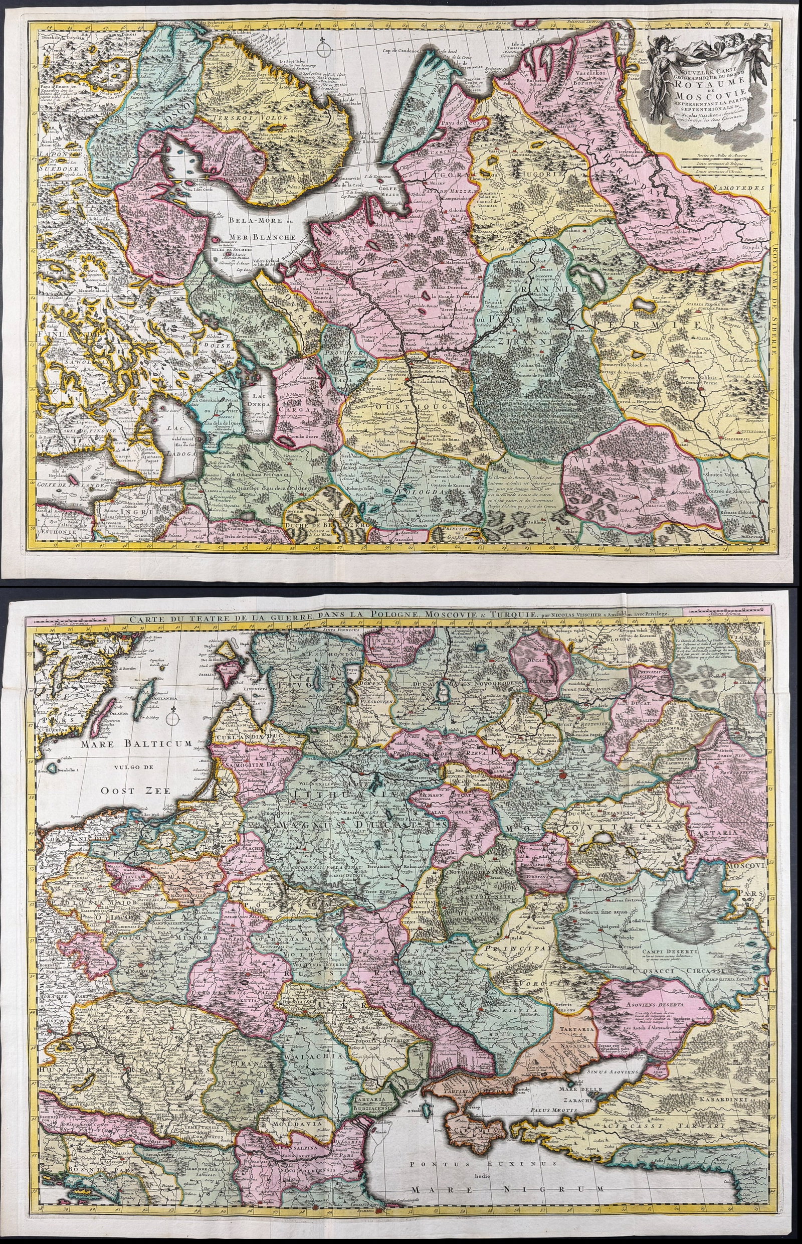 Visscher - Pair of Maps with Poland, Turkey, & Moscow, Russia: This exceptional map with beautiful original hand-coloring is from the Visscher family's Atlas minor sive totius orbis terrarum contracta delineat ex conatibus. The map available is from a composite a
