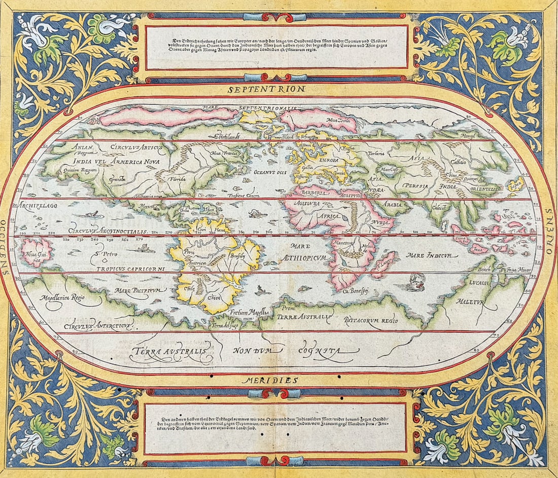 Munster, pub. 1598 - Map of the World: This very old woodcut is from Sebastian Munster's Cosmographey: das ist Beschreibung aller L?nder [...] It was published in Basel in 1598 by Henric Petri. The work was a massive chronicle of all the g