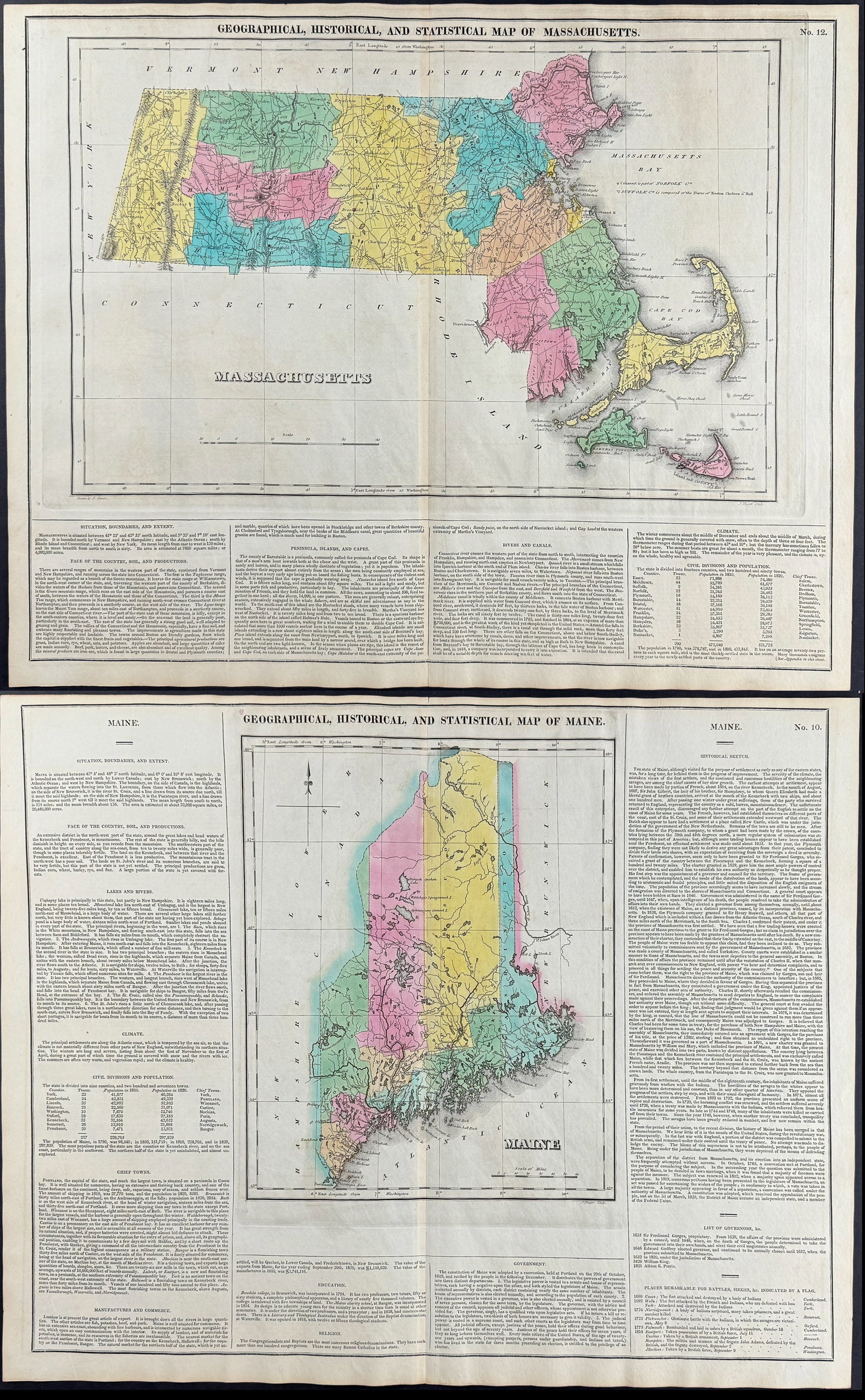 Carey & Lea, First Ed - 6 Maps of Vermont, Connecticut, Rhode Island, Massachusetts, New Hampshire,: This hand-colored map was part of the atlas titled A Complete Historical, Chronological, and Geographical American Atlas, being A Guide to the History of North and South America, and the West Indies: 