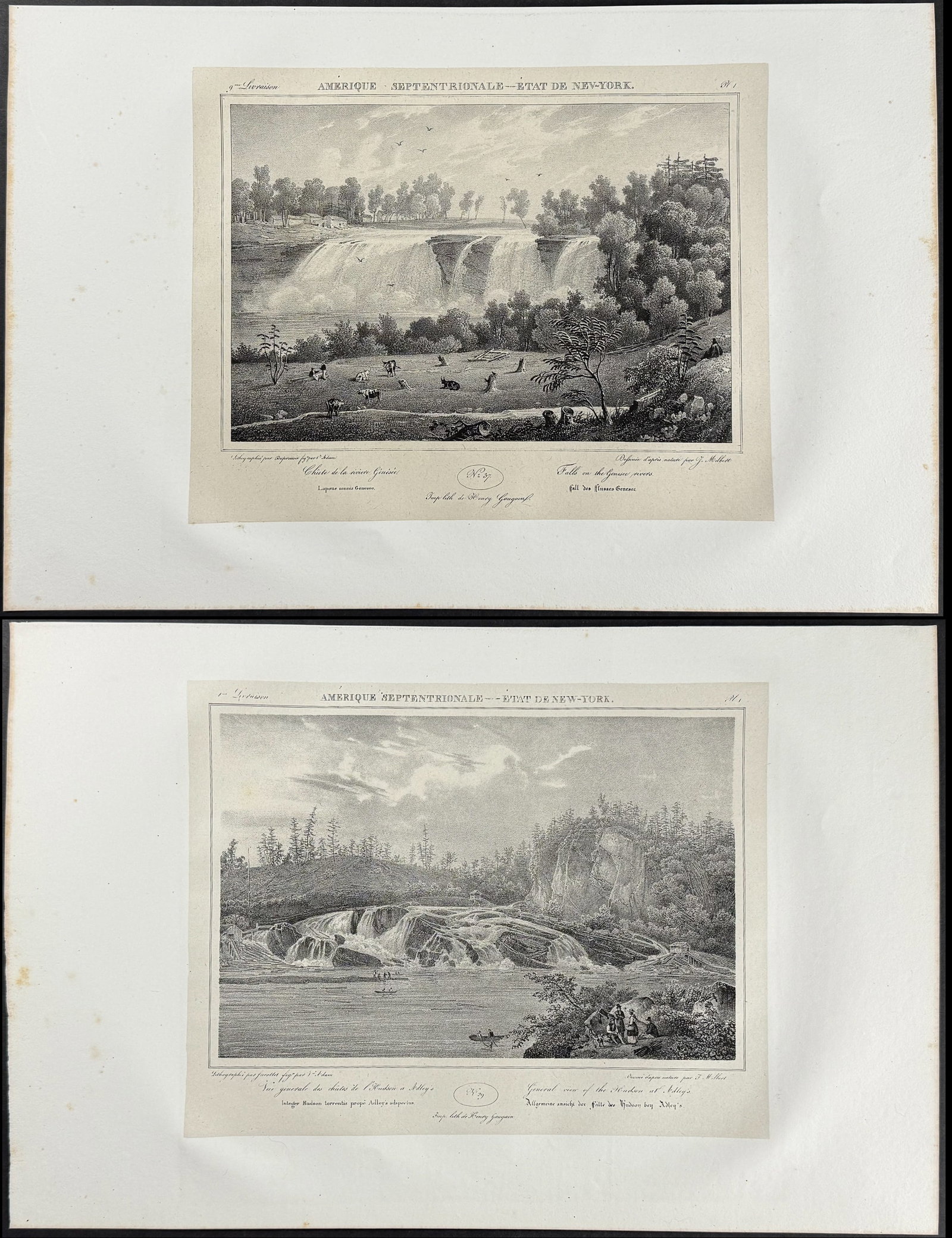 Milbert - Pair of Views of the Hudson & Genesee Rivers: Included in this lot: Falls on the Genesee Rivers General View of the Hudson at Adley's Description of the Work: This scarce and historic folio lithograph is from Jacques-Gerard Milbert's Itineraire p