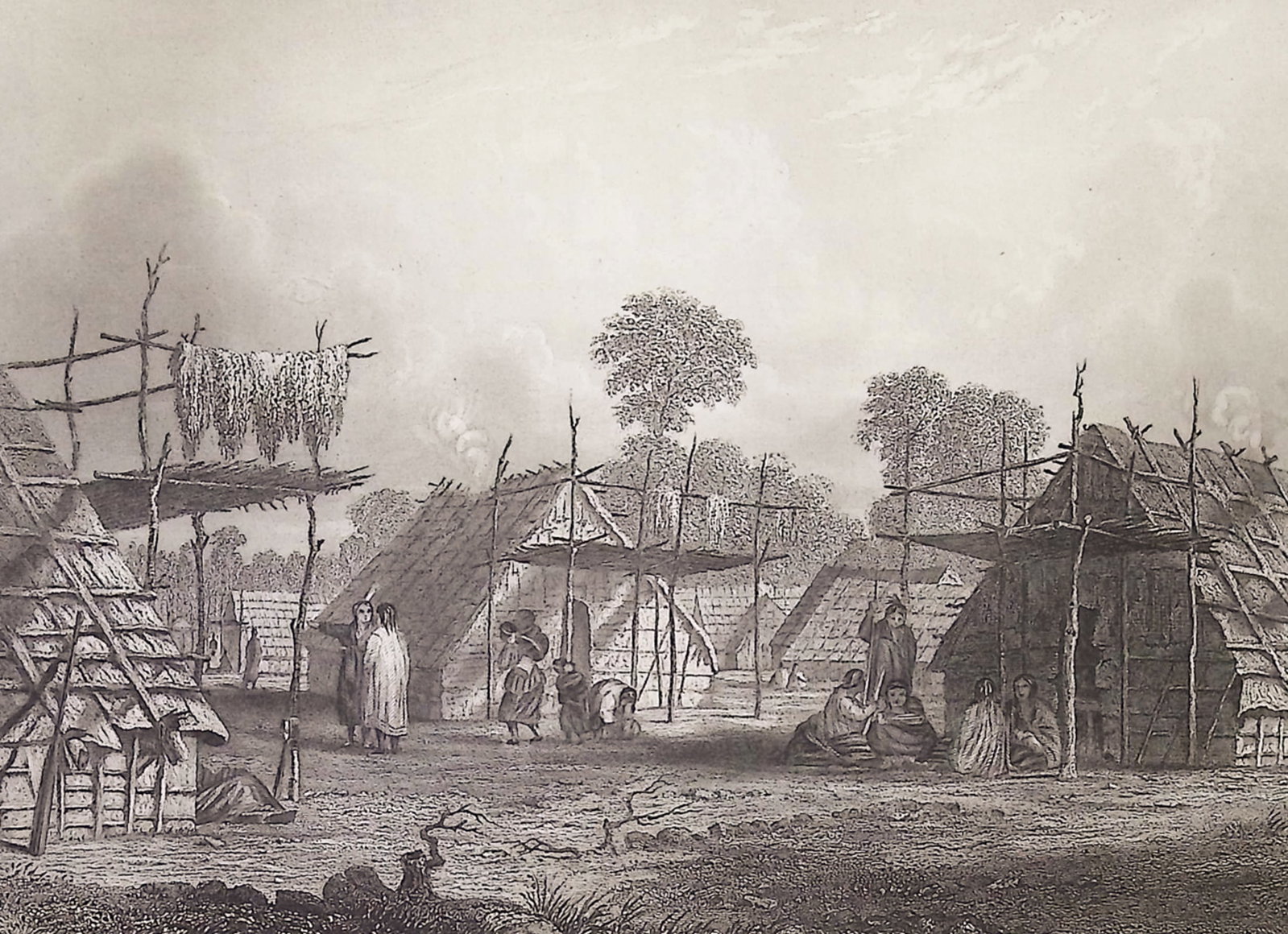Eastman - Dakotah Village: This historic engraving is from Mary Henderson Eastman's The American Indian Portfolio or The American Aboriginal Portfolio. The work was published in Philadelphia in 1853 by Lippincott, Grambo. The i