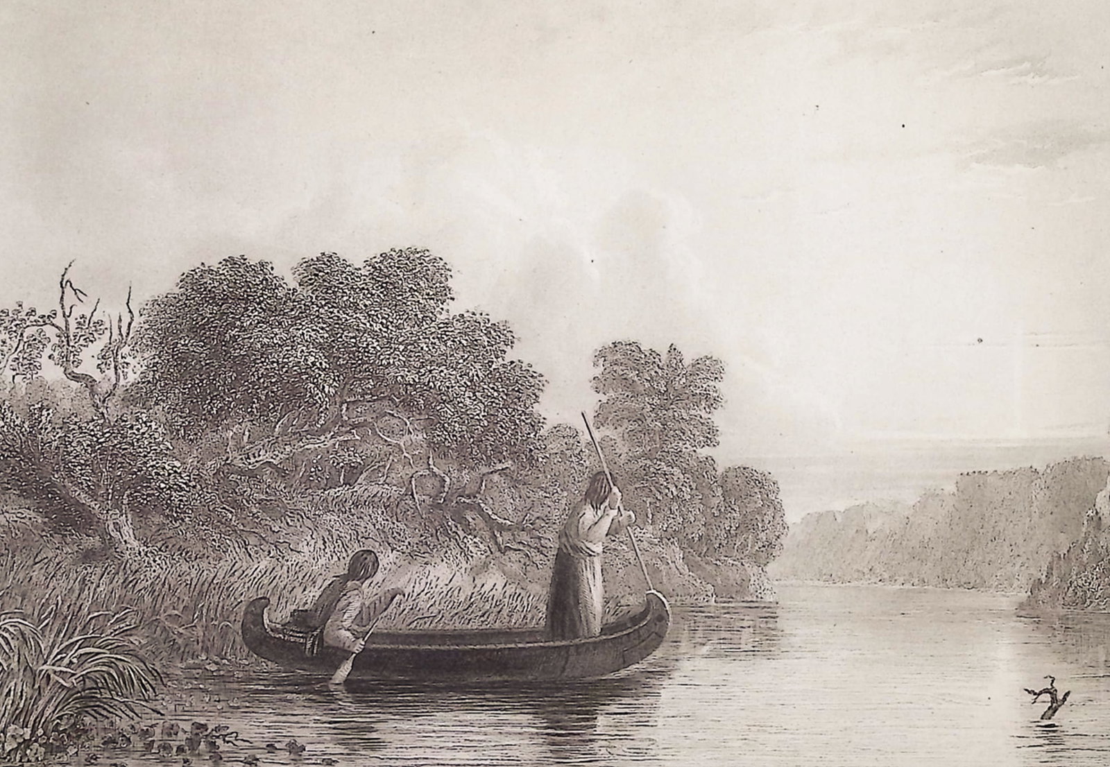 Eastman - Spearing Fish from a Canoe: This historic engraving is from Mary Henderson Eastman's The American Indian Portfolio or The American Aboriginal Portfolio. The work was published in Philadelphia in 1853 by Lippincott, Grambo. The i