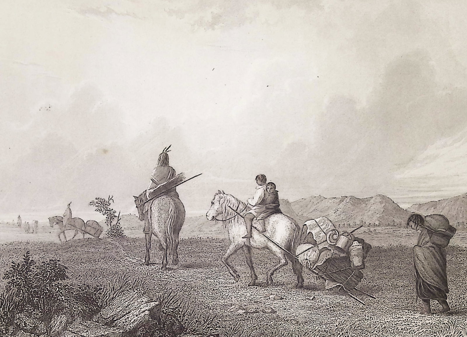 Eastman - Indians Travelling: This historic engraving is from Mary Henderson Eastman's The American Indian Portfolio or The American Aboriginal Portfolio. The work was published in Philadelphia in 1853 by Lippincott, Grambo. The i