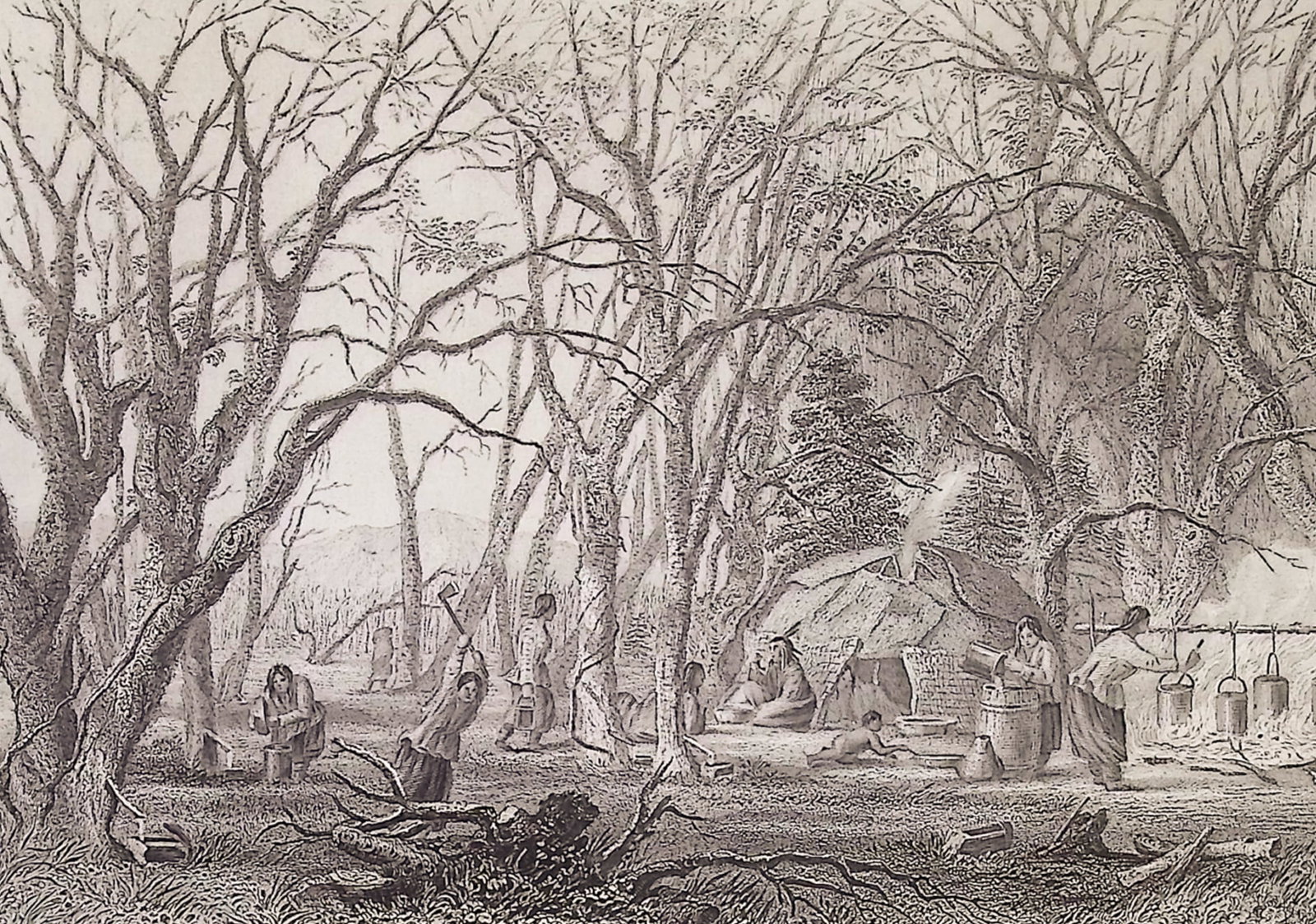 Eastman - Indian Sugar Camp: This historic engraving is from Mary Henderson Eastman's The American Indian Portfolio or The American Aboriginal Portfolio. The work was published in Philadelphia in 1853 by Lippincott, Grambo. The i
