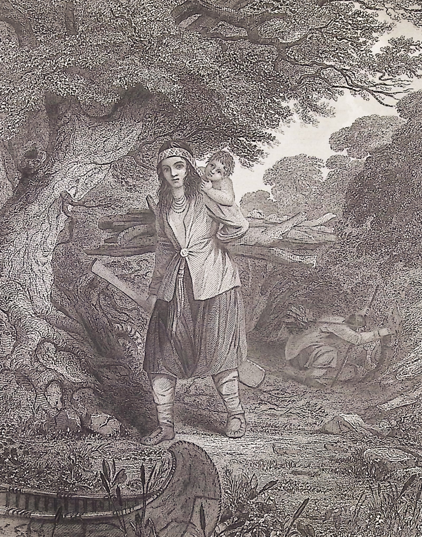Eastman - Indian Woman Procuring Fuel: This historic engraving is from Mary Henderson Eastman's The American Indian Portfolio or The American Aboriginal Portfolio. The work was published in Philadelphia in 1853 by Lippincott, Grambo. The i