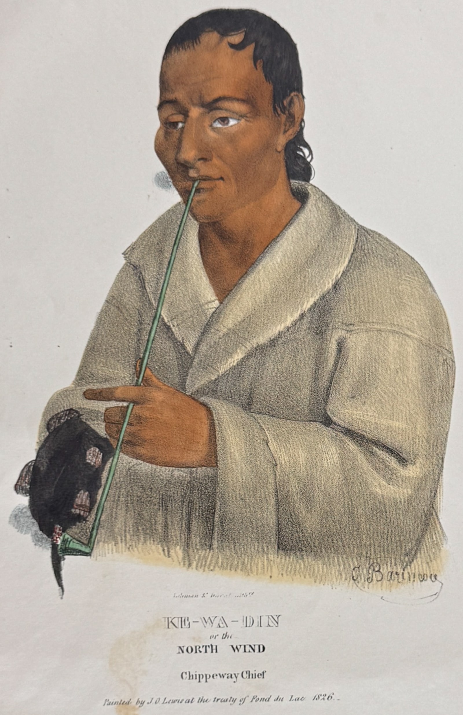 Lewis - Ke-Wa-Din or The North Wind, Chippeway Chief: This originally hand-colored lithograph is from one of the rarest Indian works, James Otto Lewis?s The Aboriginal Portfolio. It was the first collection of portraits of North American Indians precedin
