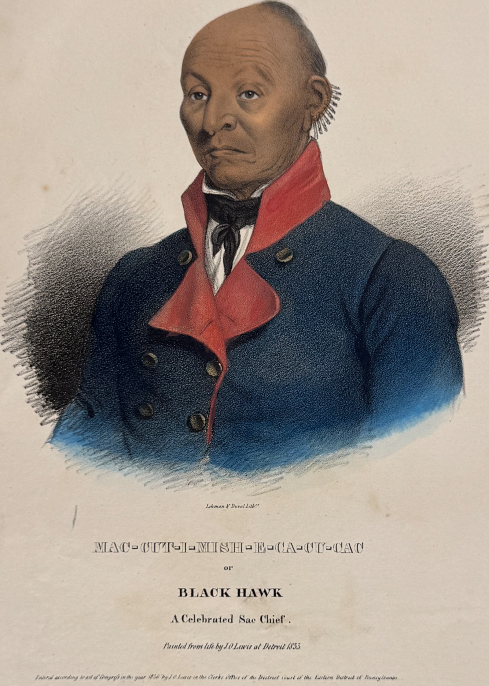 Lewis - Mac-Cut-I-Mish-E-Ca-Cu-Cao or Black Hawk, A Celebrated Sae Chief: This originally hand-colored lithograph is from one of the rarest Indian works, James Otto Lewis?s The Aboriginal Portfolio. It was the first collection of portraits of North American Indians precedin