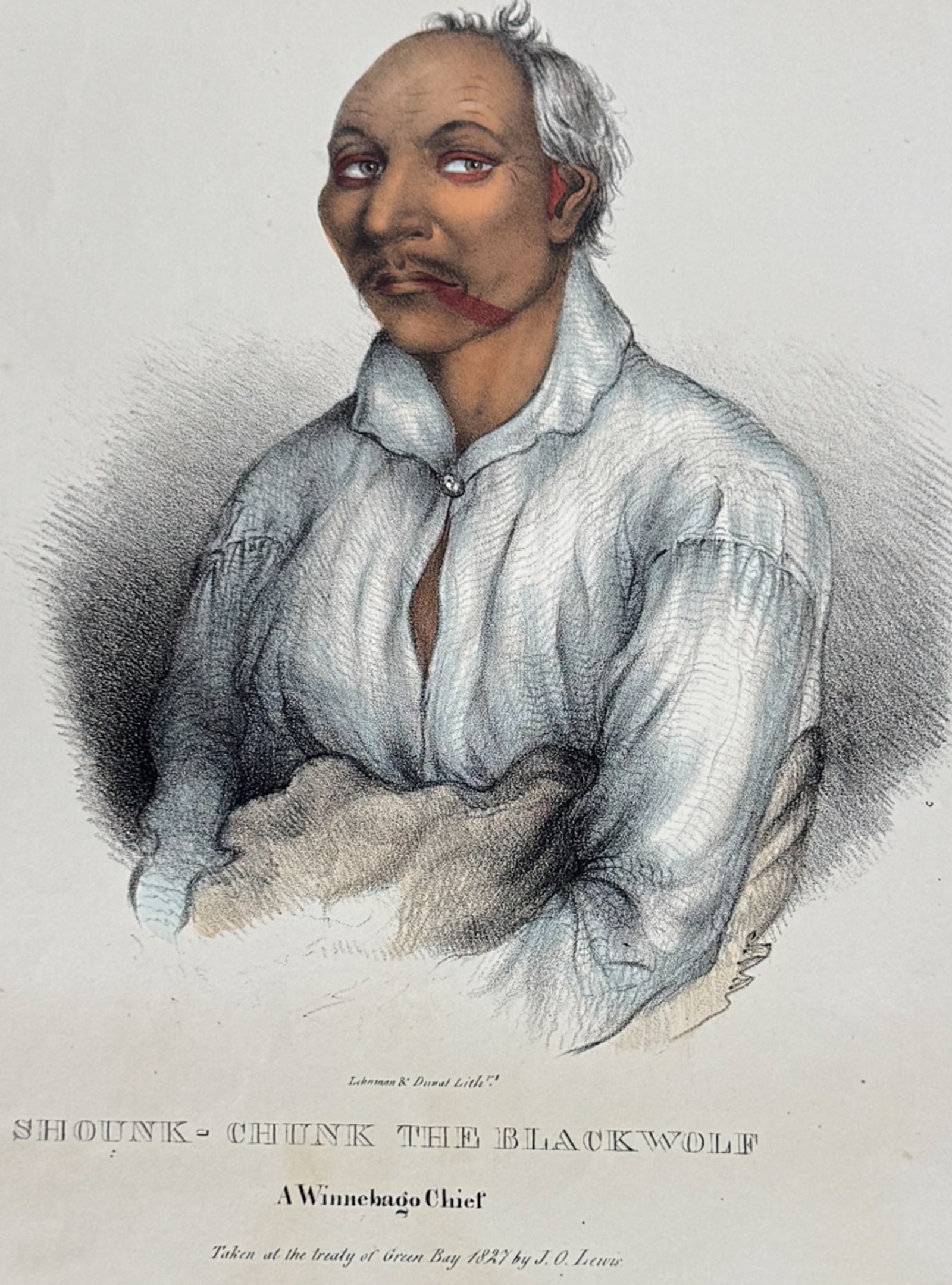 Lewis - Shounk-Chunk the Black Wolf, A Winnebago Chief: This originally hand-colored lithograph is from one of the rarest Indian works, James Otto Lewis?s The Aboriginal Portfolio. It was the first collection of portraits of North American Indians precedin