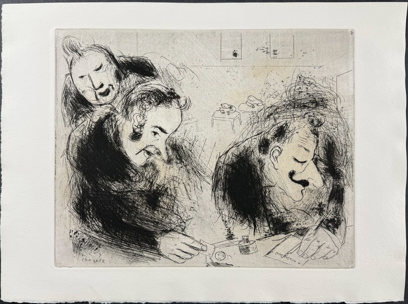 Chagall - The "Bribe" - Le "Pot de Vin": This beautifully illustrated, original etching by Marc Chagall was part of Nikolai Gogol's Les Ames Mortes. The work was published in Paris by Teriade in 1948. This was a limited edition of 368 copies