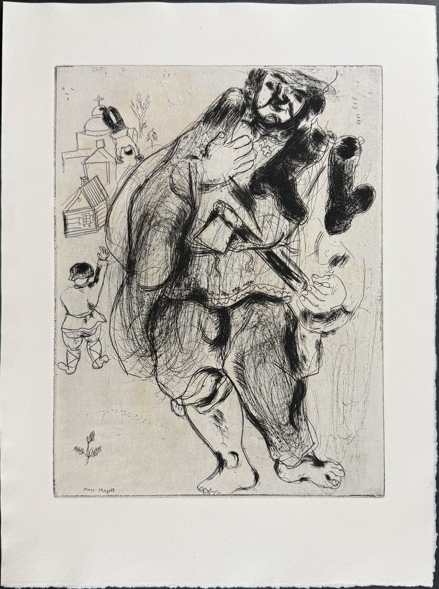 Chagall - Stepane Bouchon, Carpenter - Stepane Bouchon, Charpentier: This beautifully illustrated, original etching by Marc Chagall was part of Nikolai Gogol's Les Ames Mortes. The work was published in Paris by Teriade in 1948. This was a limited edition of 368 copies