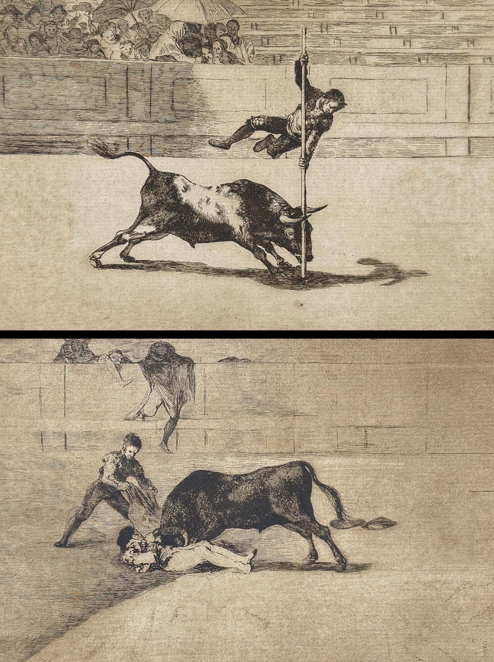 Goya - Pair of Bull Fighting Engravings: Included in this lot: La Desgraciada Muerte de Pepe Illo en la Plaza de Madrid Ligereza y Atrevimiento de Juanito Apinani en la de Madrid Description of the work: This remarkable folio bull-fighting