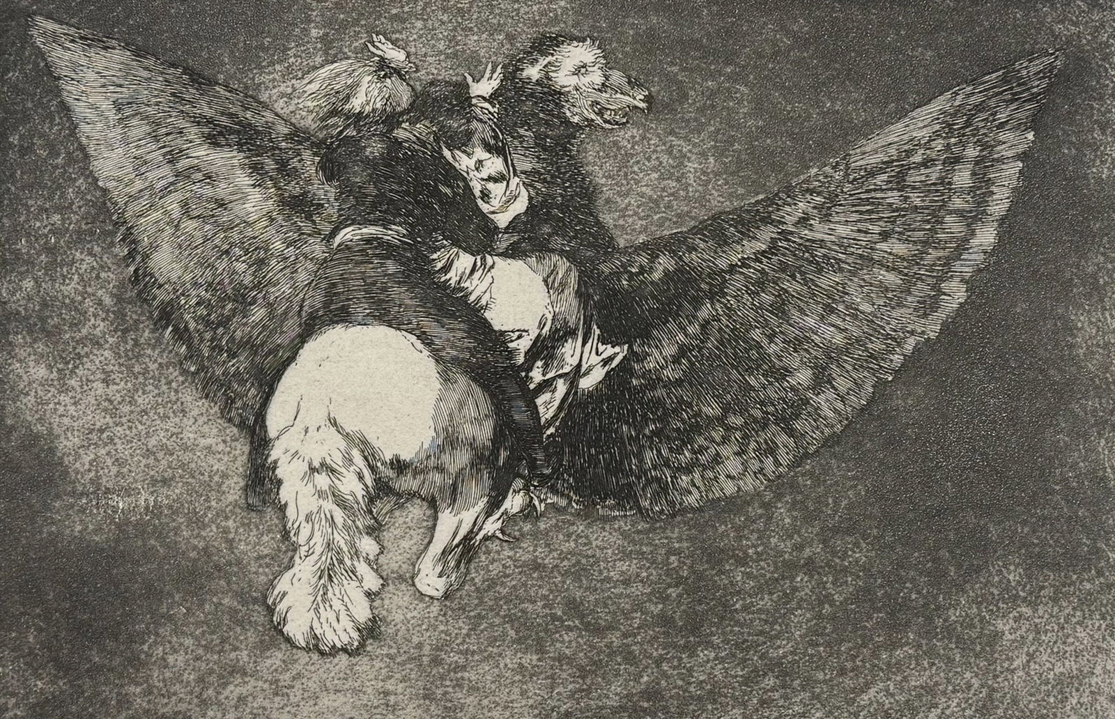 Goya - Disparate volante [Flying Folly]: This rare, aquatint engraving is from Francisco Goya's Los Proverbios. Colecci?n de diez y ocho l?minas inventadas y grabadas al agua fuerte. It is from the second edition of the work published in