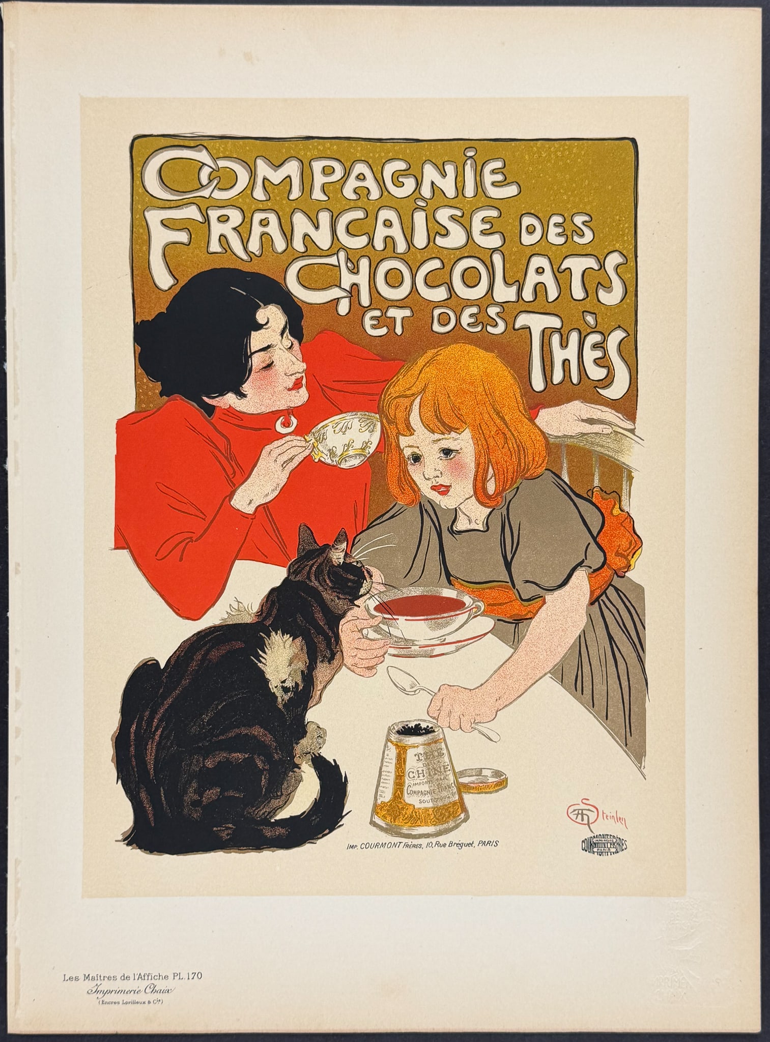 Maitres Affiches by Steinlen - Chocolat de la Compagnie Francaise: This first edition, folio lithograph after a poster is from Les Maitres de l'Affiche. The work was published by Imprimerie Chaix under the direction of Jules Cheret in Paris between 1896 and 1900.