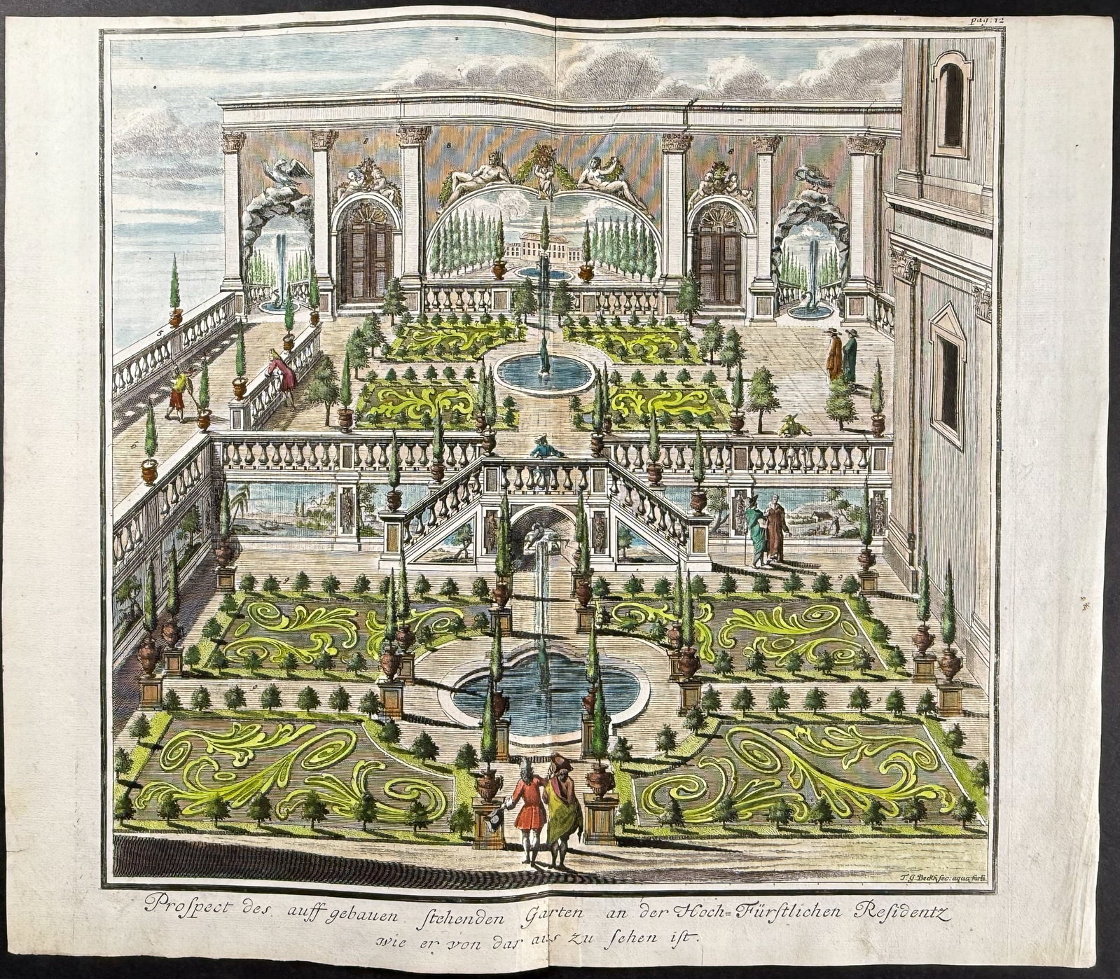 Volckamer - Gardens - Profpeet Des, auff gebauen ftehenden garten an Der Hoch- Furftlichen: This magnificent and rare engraving is from Johann Volckamer's Nuremberg Hesperides. This is from the first German edition published in Nuremberg for the author between 1708 and 1714. It was one of