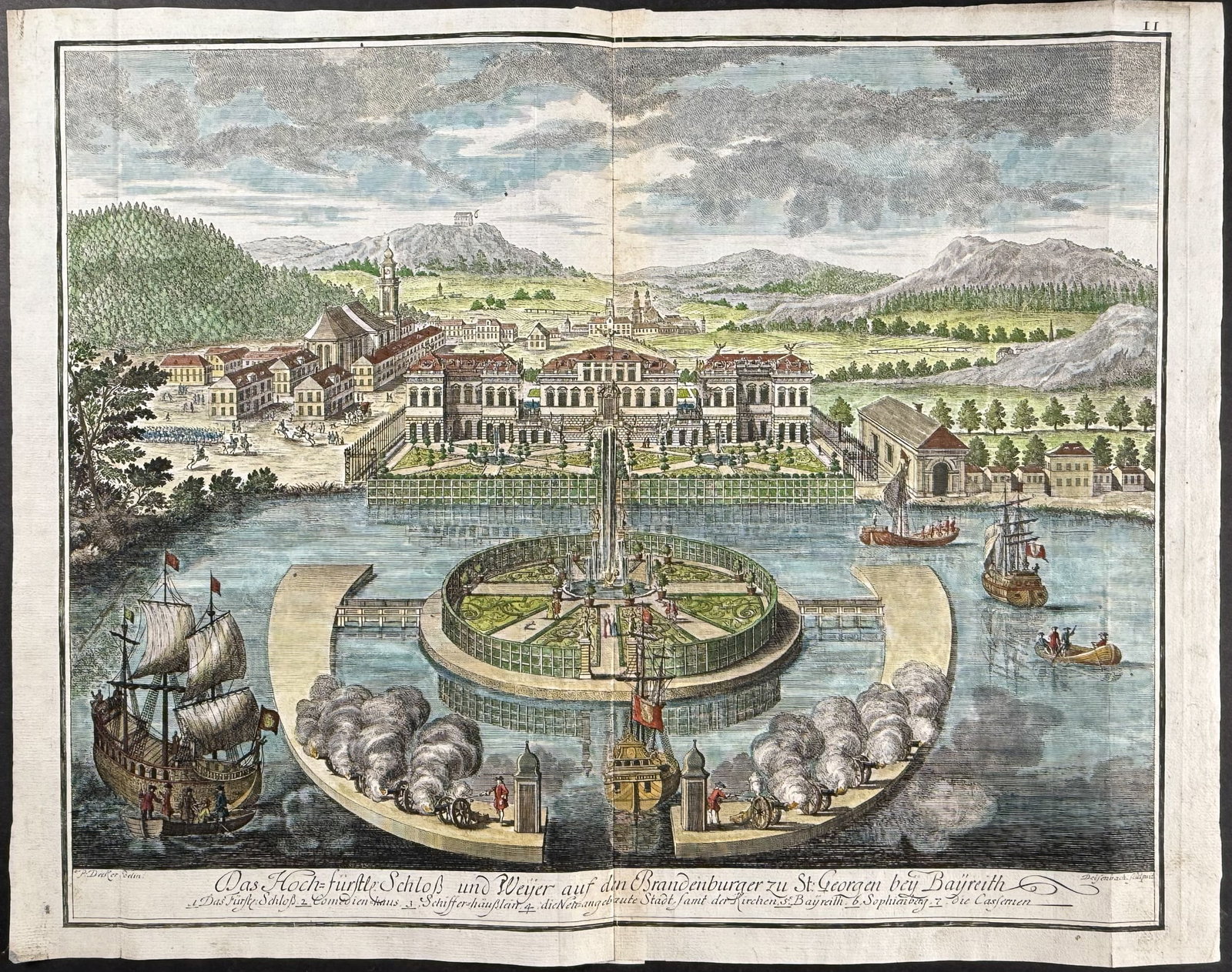 Volckamer - Building, Fountain, & Gardens - Das Hochf?rftl Schlof und Weijer auf dmn Brandenburger: This magnificent and rare engraving is from Johann Volckamer's Nuremberg Hesperides. This is from the first German edition published in Nuremberg for the author between 1708 and 1714. It was one of