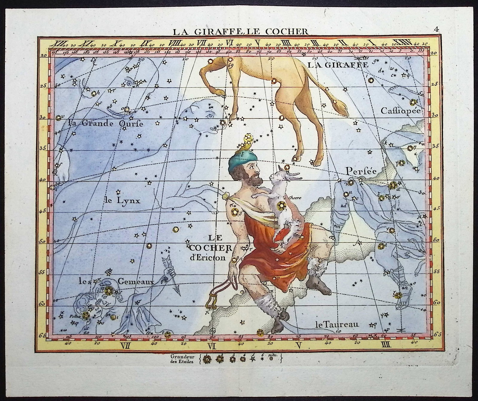 Flamsteed - Constellation or Celestial Chart of Giraffe & Auriga: This captivating celestial engraving is from John Flamsteed's Atlas Celeste. The work was published in Paris by J. Fortin and F. G. Deschamps in 1776. Each engraving has been splendidly hand-colored w