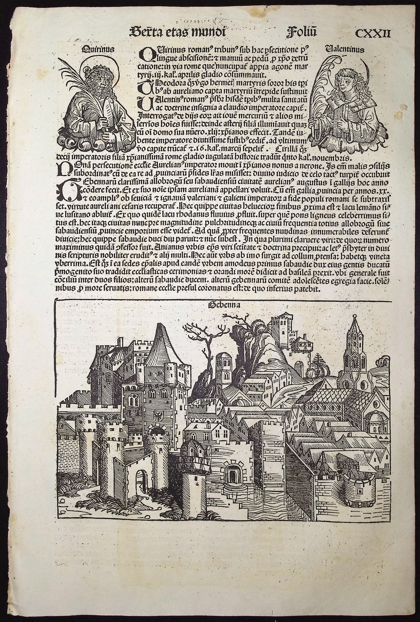 Schedel, pub. 1493 - View of Geneva, Switzerland, Religious & Historic People: This important and historic engraving is from Hartmann Schedel Liber Chronicarum, more commonly known as the Nuremberg Chronicle. This is the first edition / printing of the work. It is the Latin edit