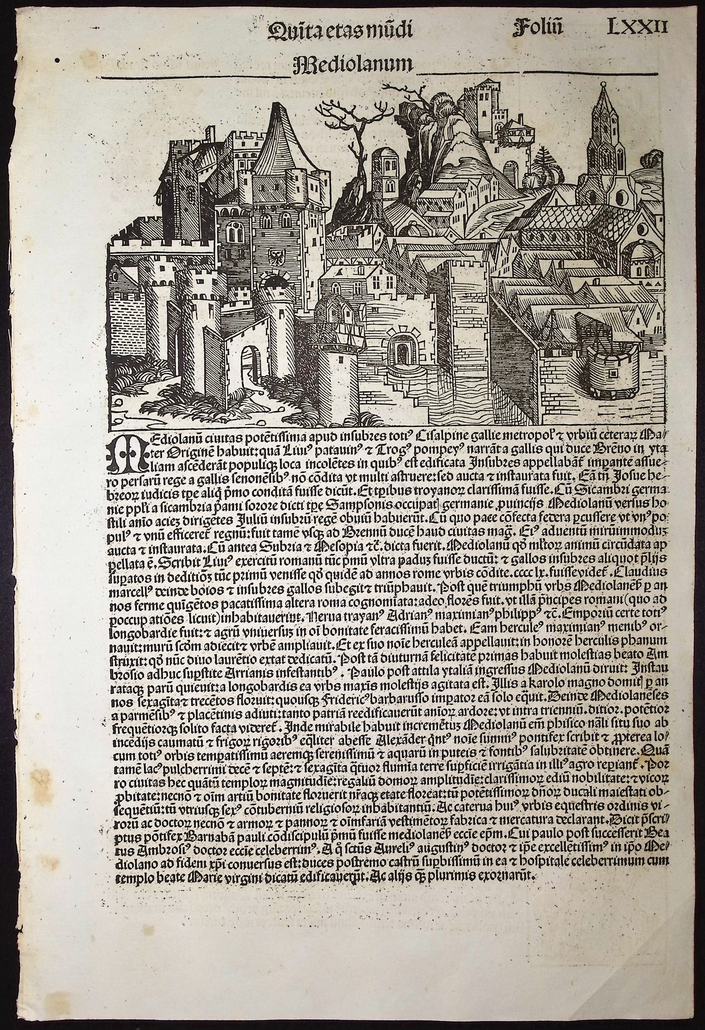 Schedel, pub. 1493 - View of Milan, Italy & Religious & Historic People: This important and historic engraving is from Hartmann Schedel Liber Chronicarum, more commonly known as the Nuremberg Chronicle. This is the first edition / printing of the work. It is the Latin edit