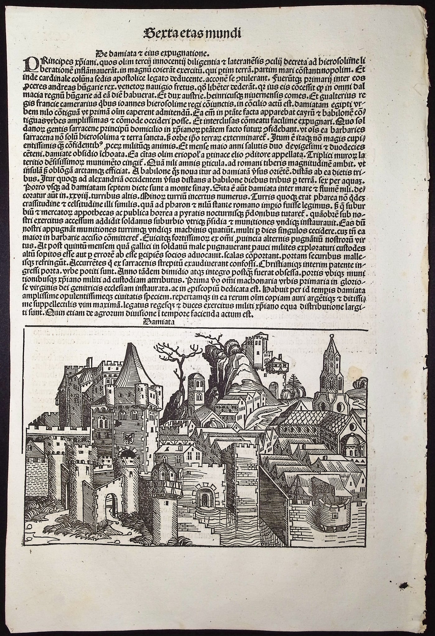 Schedel, pub. 1493 - View of Damiata, Egypt & Religious & Historic People: This important and historic engraving is from Hartmann Schedel Liber Chronicarum, more commonly known as the Nuremberg Chronicle. This is the first edition / printing of the work. It is the Latin edit