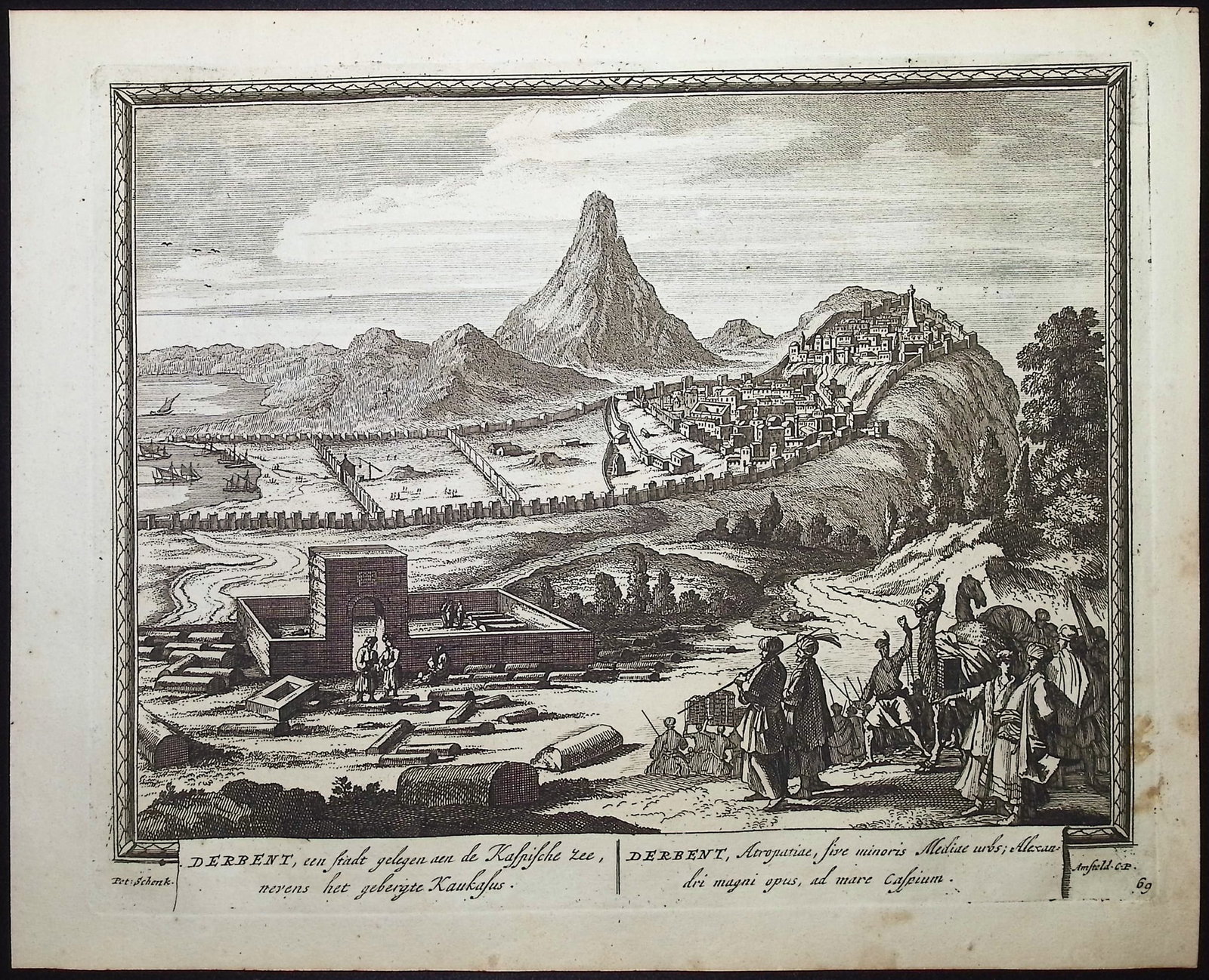 Schenck - View of Derbent, Russia (Derbent): This historic engraved city or port view is from Pieter Schenk's Hecatompolis, sive Totius orbis Terrarum Oppida Nobiliora Centum; Exquisite Collecta atque Eleganter Depicta. The work was published by