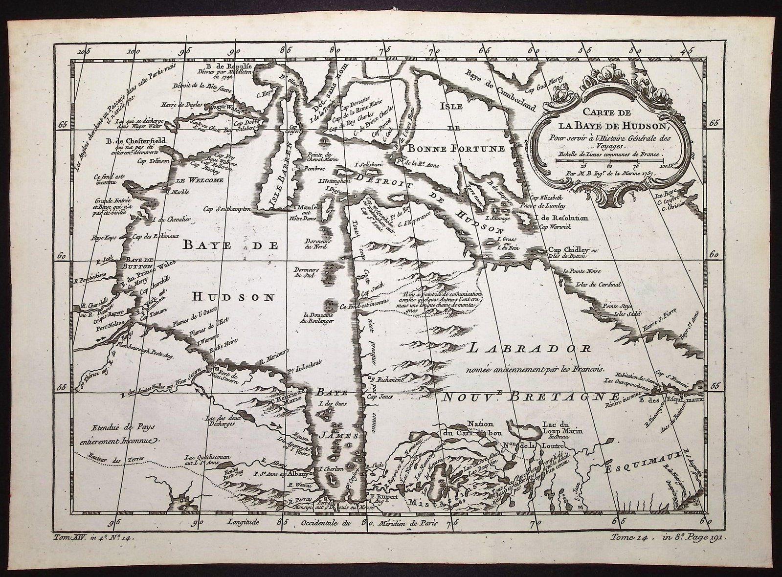 Prevost - Chart of the Hudson Bay (Canada): This fine engraving is from Antoine-Francois Prevost d'Exiles's Histoire Generale des Voyages, ou nouvelle collection de toutes les relations de voyages par mer et par terre, qui ont ete publiees jusq