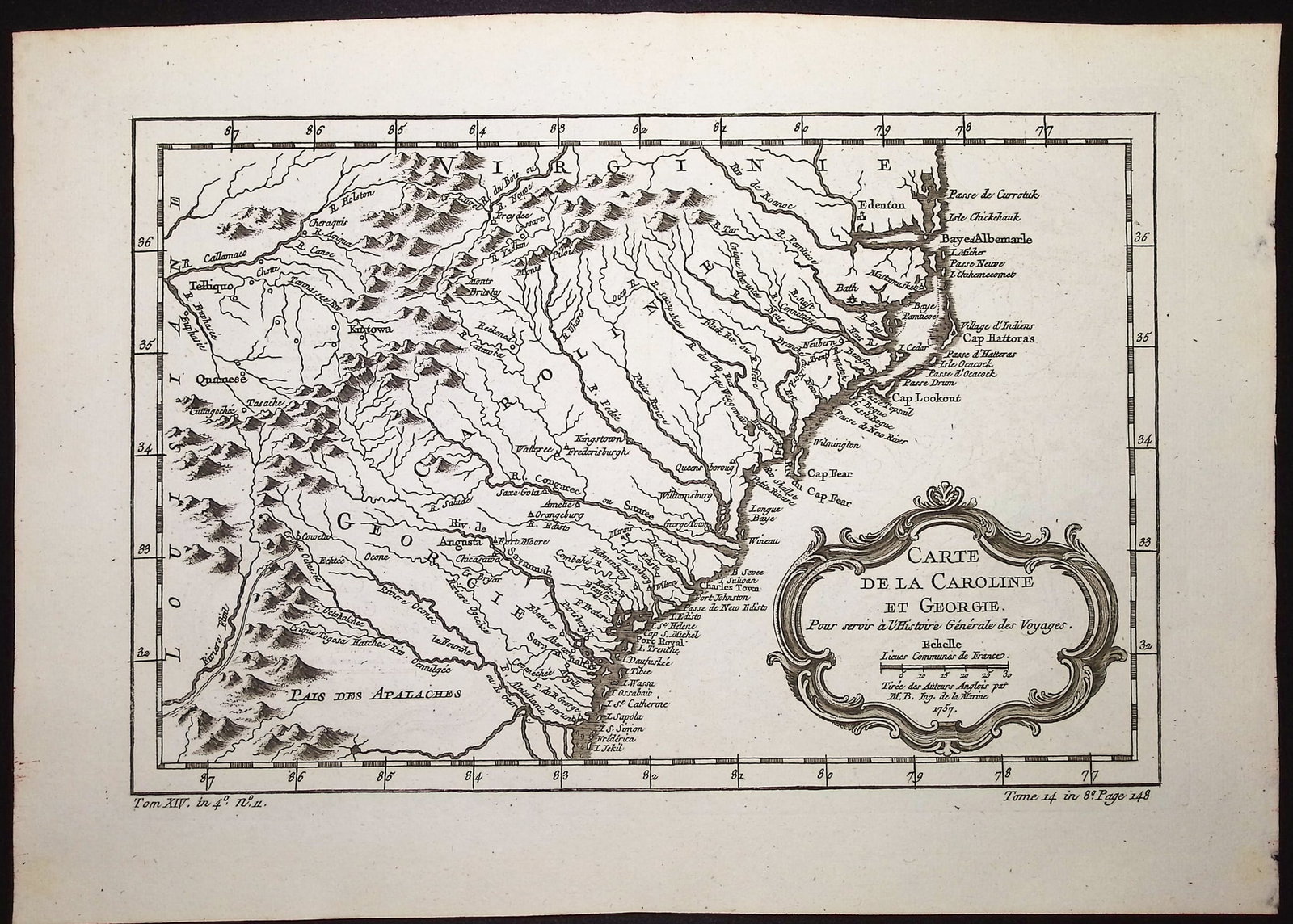 Prevost - Map of the Carolinas and Georgia and part of Virginia: This fine engraving is from Antoine-Francois Prevost d'Exiles's Histoire Generale des Voyages, ou nouvelle collection de toutes les relations de voyages par mer et par terre, qui ont ete publiees jusq
