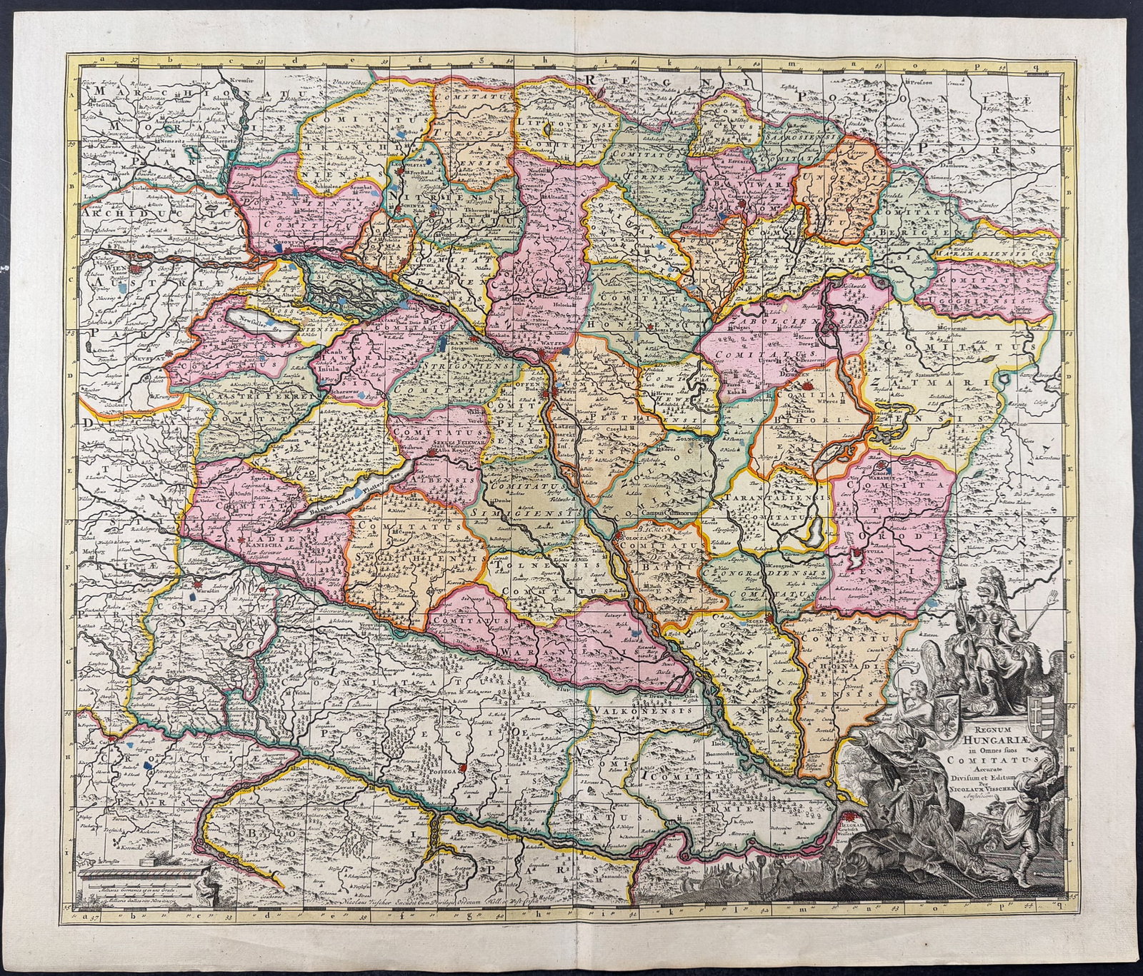 Visscher - Map of Hungary: This exceptional map with beautiful original hand-coloring is from the Visscher family's Atlas minor sive totius orbis terrarum contracta delineat ex conatibus. The map available is from a composite a