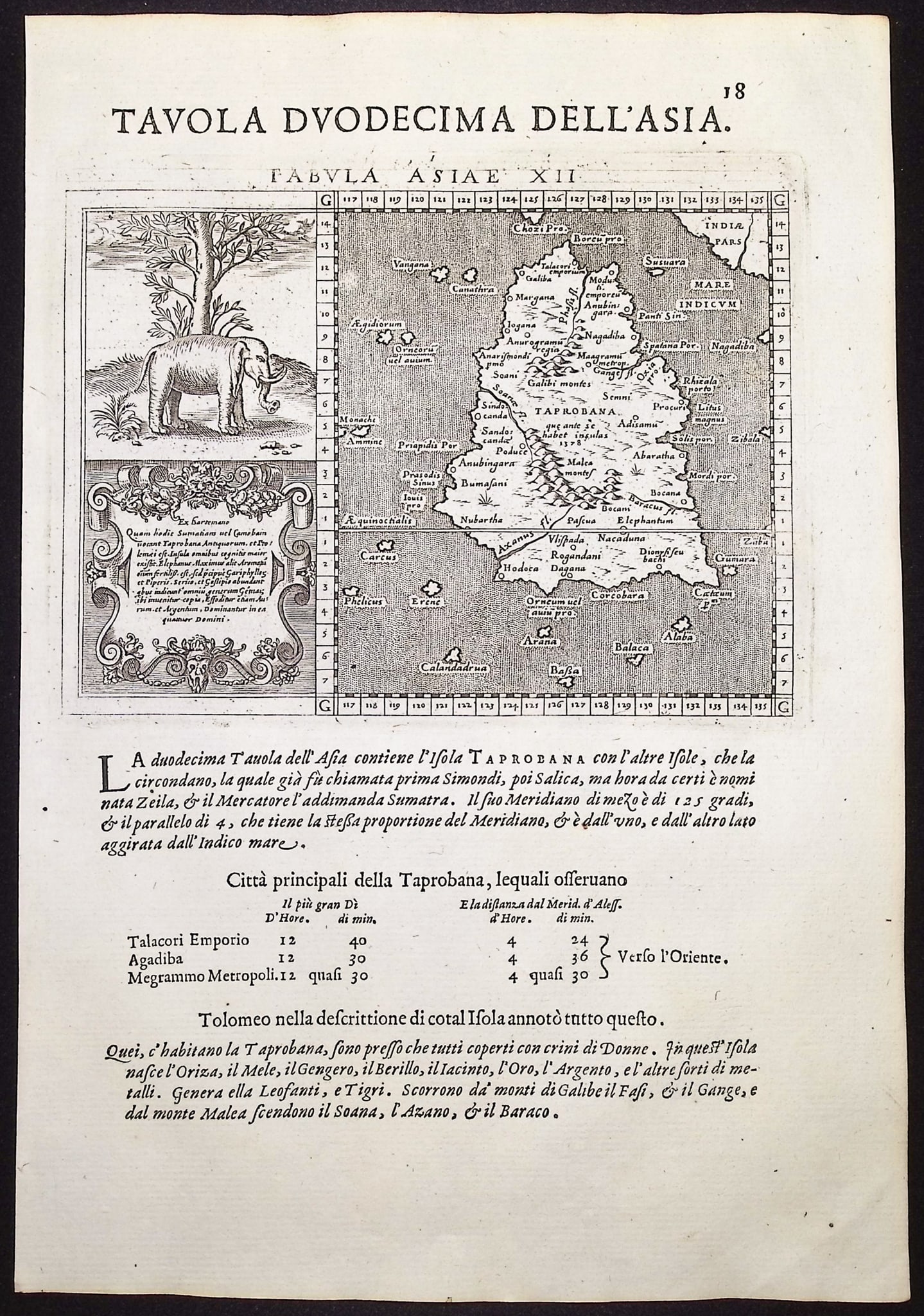 Cernoti & Magini's Ptolemy, pub. 1597 - Map of Taprobana, Island in Sumatra, with inset of Elephant (1 of 1)