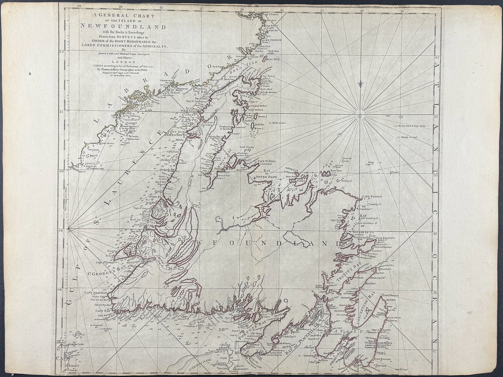 Jefferys, pub. 1775 - A General Chart of the Island of Newfoundland (Published May 10, 1775): About the map: This map is noted for the charting contributions from Captain James Cook.About the work: This rare, historic map is Thomas Jefferys's The American Atlas; or, a Geographical Description 