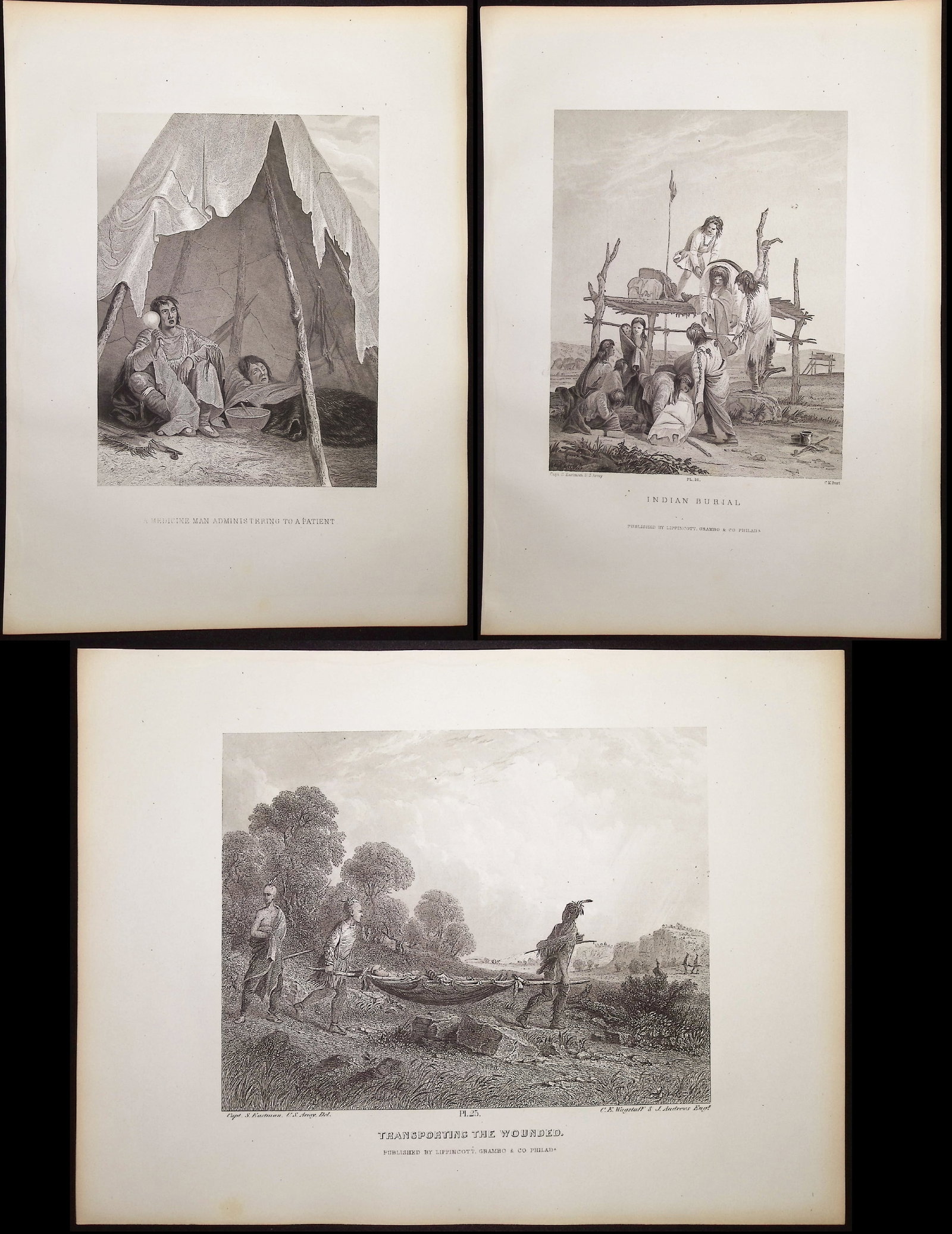 Eastman - 3 Native American Engravings depicting Care for Wounded (1 of 4)