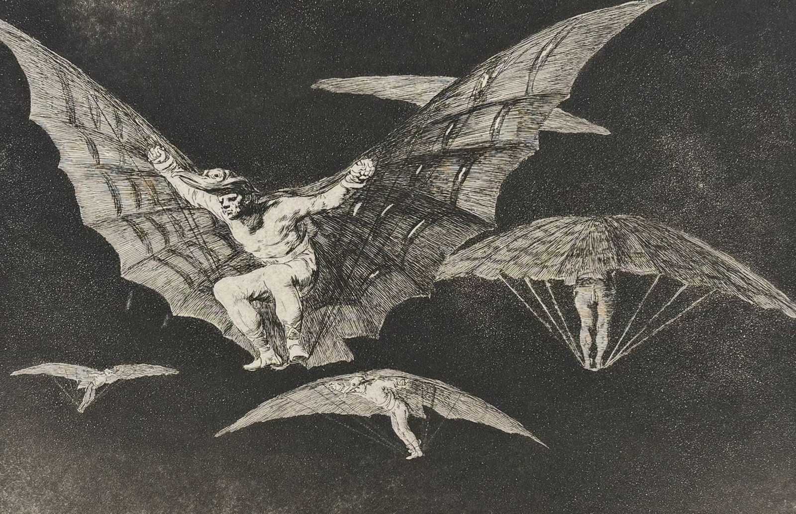 Goya - Modo de Volar & Title Page [A Way of Flying or Where there's a will there's a way]: This rare, aquatint engraving is from Francisco Goya's Los Proverbios. Colecci?n de diez y ocho l?minas inventadas y grabadas al agua fuerte. It is from the second edition of the work published in Mad