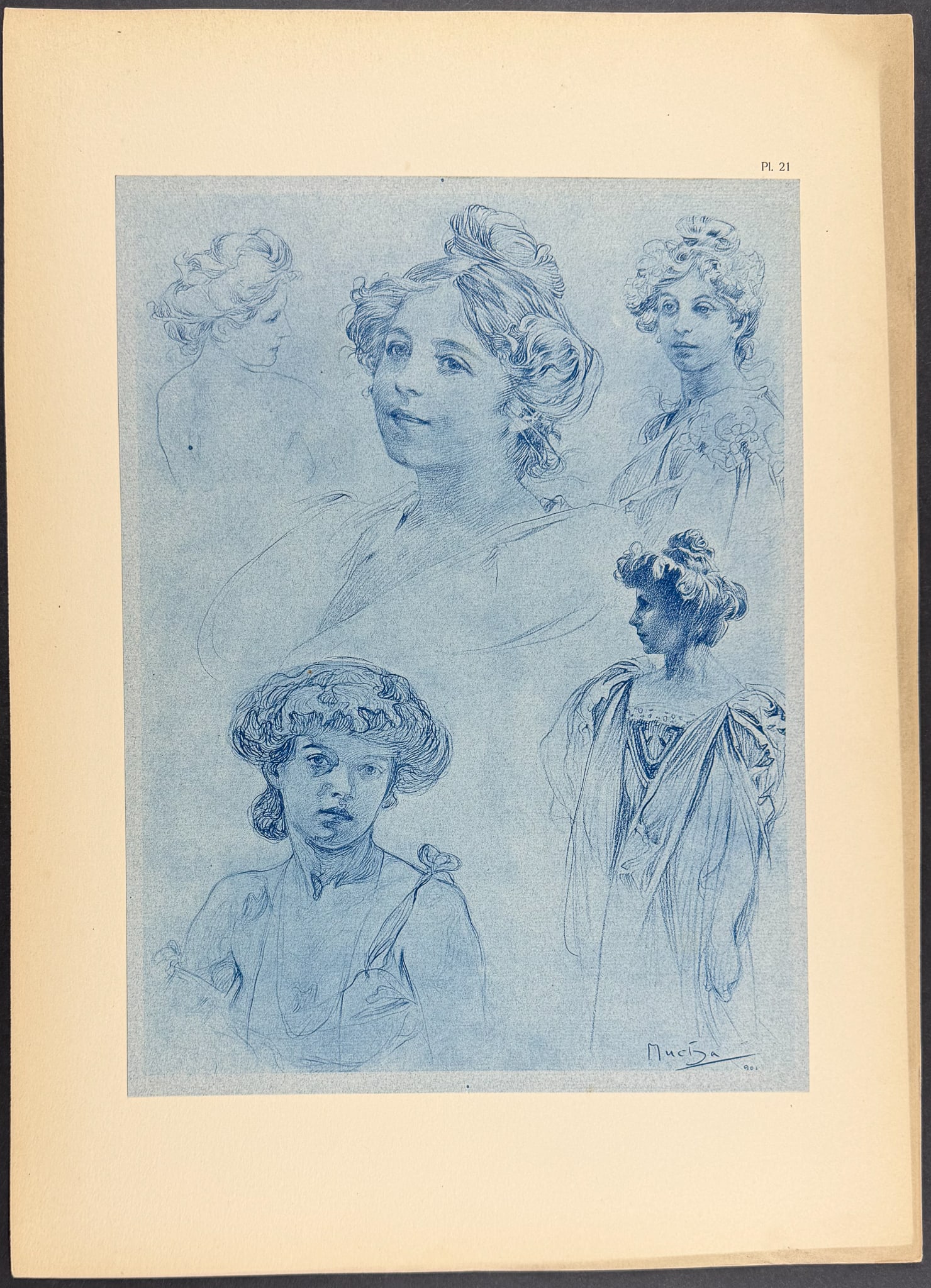 Mucha, Folio - Illustration of Women. 21: This stunning and rare lithograph is from Alphonse Mucha's Documents d?coratifs which was edited by Gabriel Mourey. The work was published in Paris by Librairie centrale des Beaux-Arts in 1902. The wo
