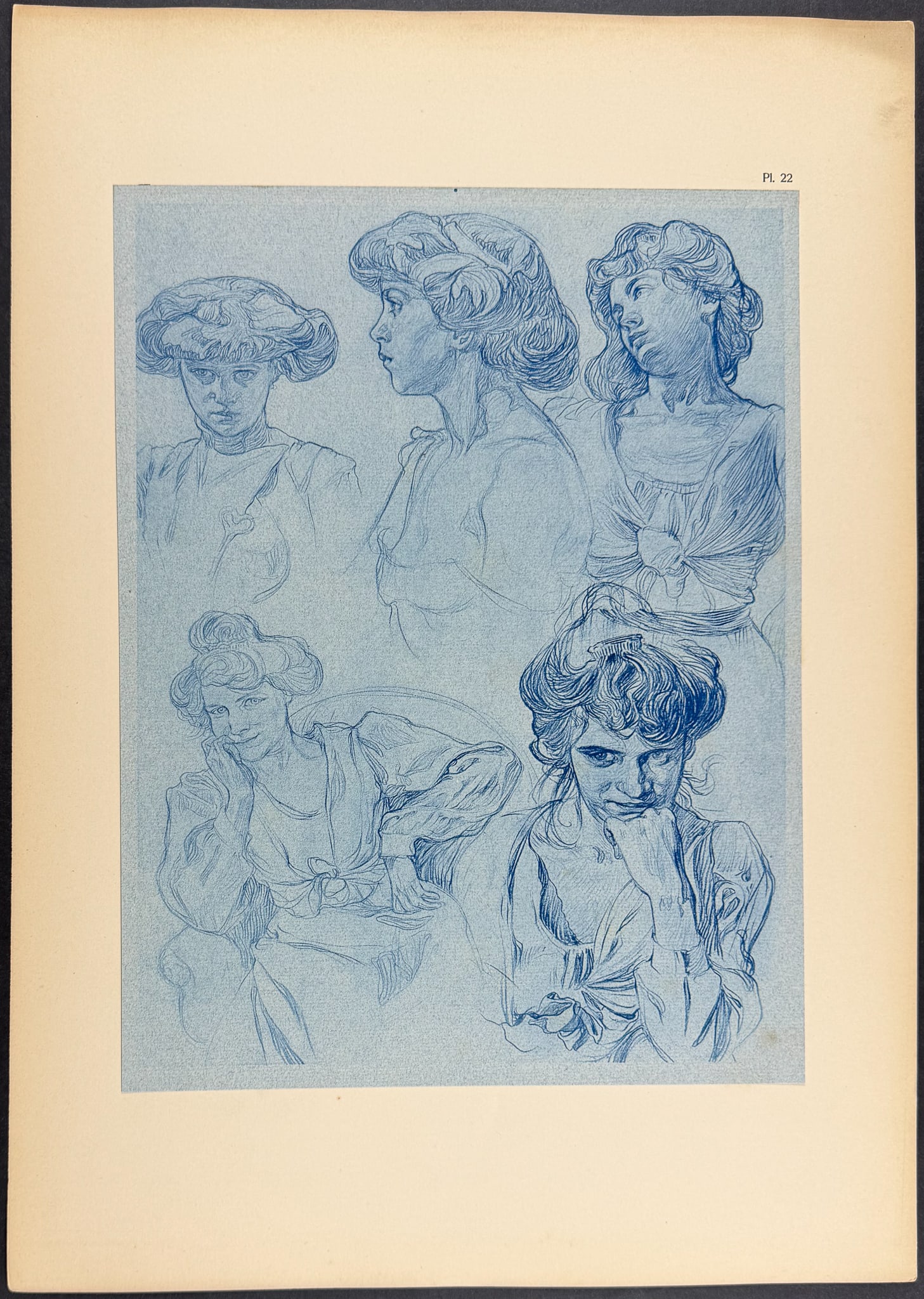 Mucha, Folio - Illustration of Women. 22: This stunning and rare lithograph is from Alphonse Mucha's Documents d?coratifs which was edited by Gabriel Mourey. The work was published in Paris by Librairie centrale des Beaux-Arts in 1902. The wo