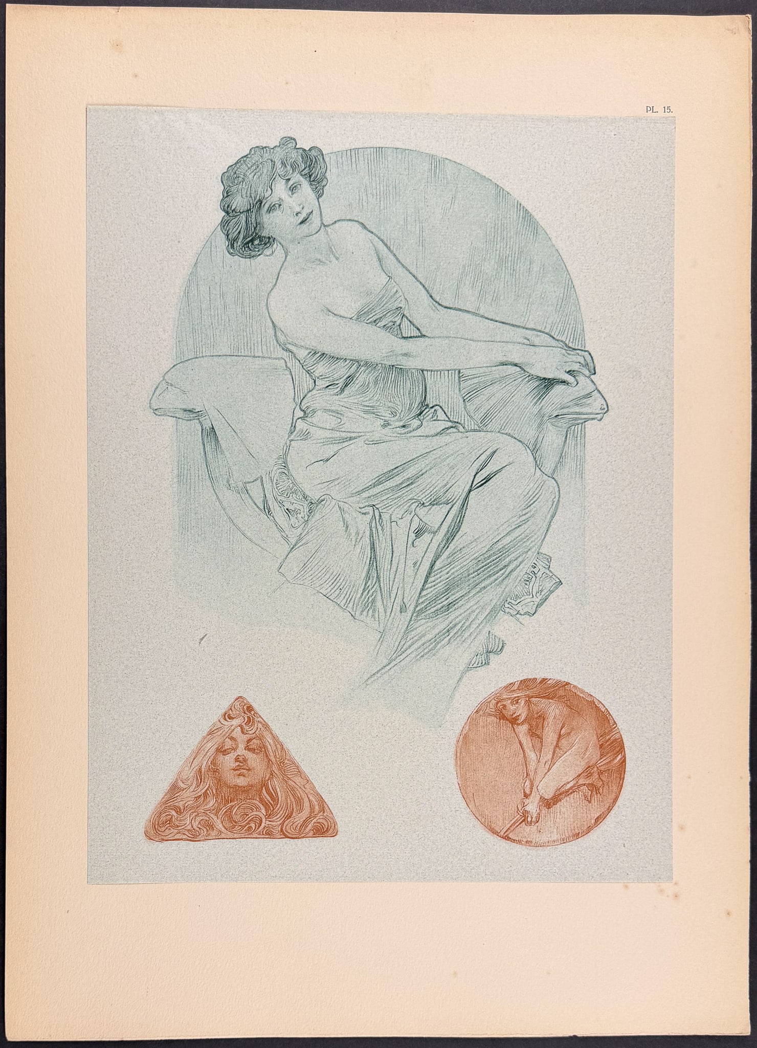 Mucha, Folio - Illustration of Women. 15: This stunning and rare lithograph is from Alphonse Mucha's Documents d?coratifs which was edited by Gabriel Mourey. The work was published in Paris by Librairie centrale des Beaux-Arts in 1902. The wo